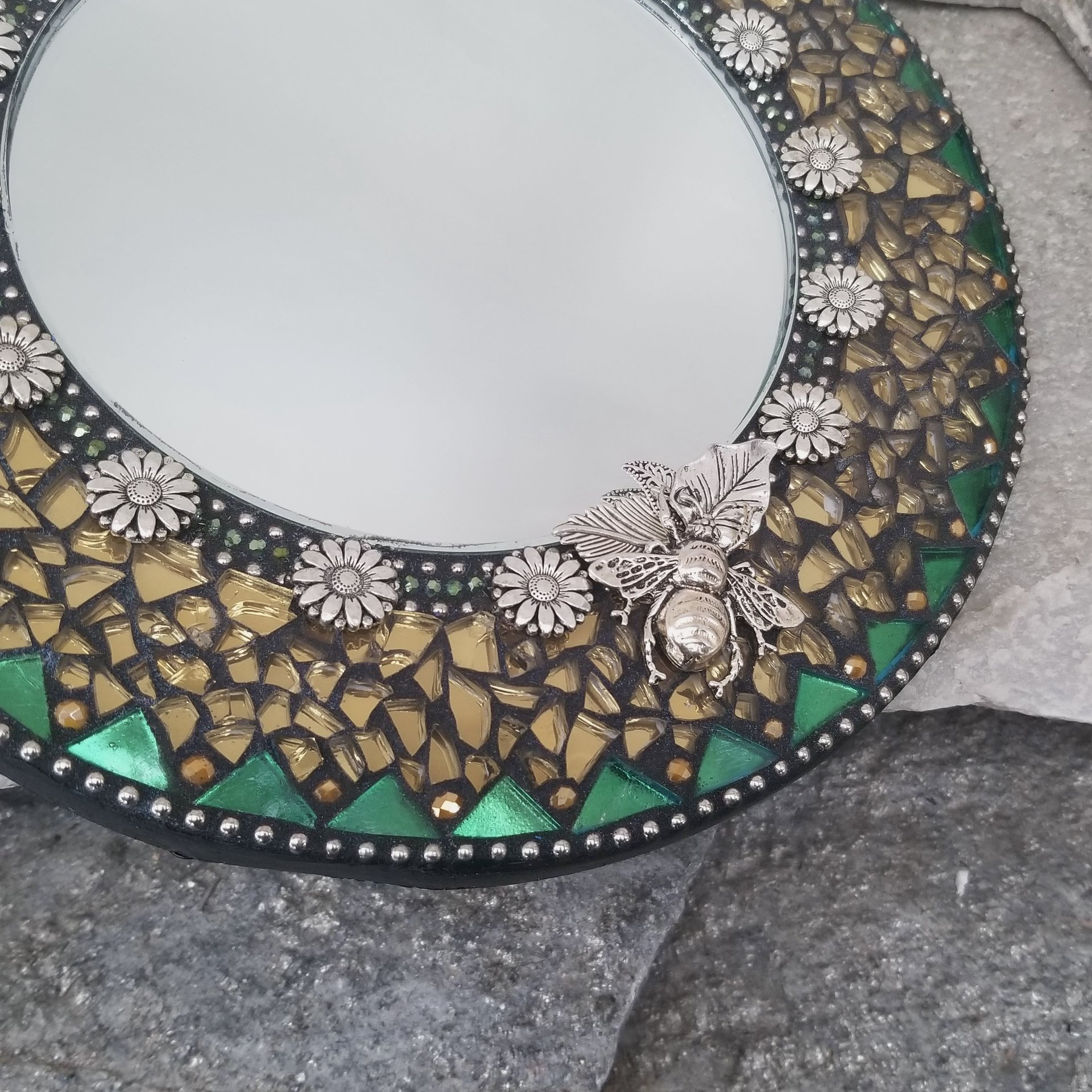 Bee and Sunflower Mosaic Gold Mirror, Round Mosaic Mirror, Home Decor