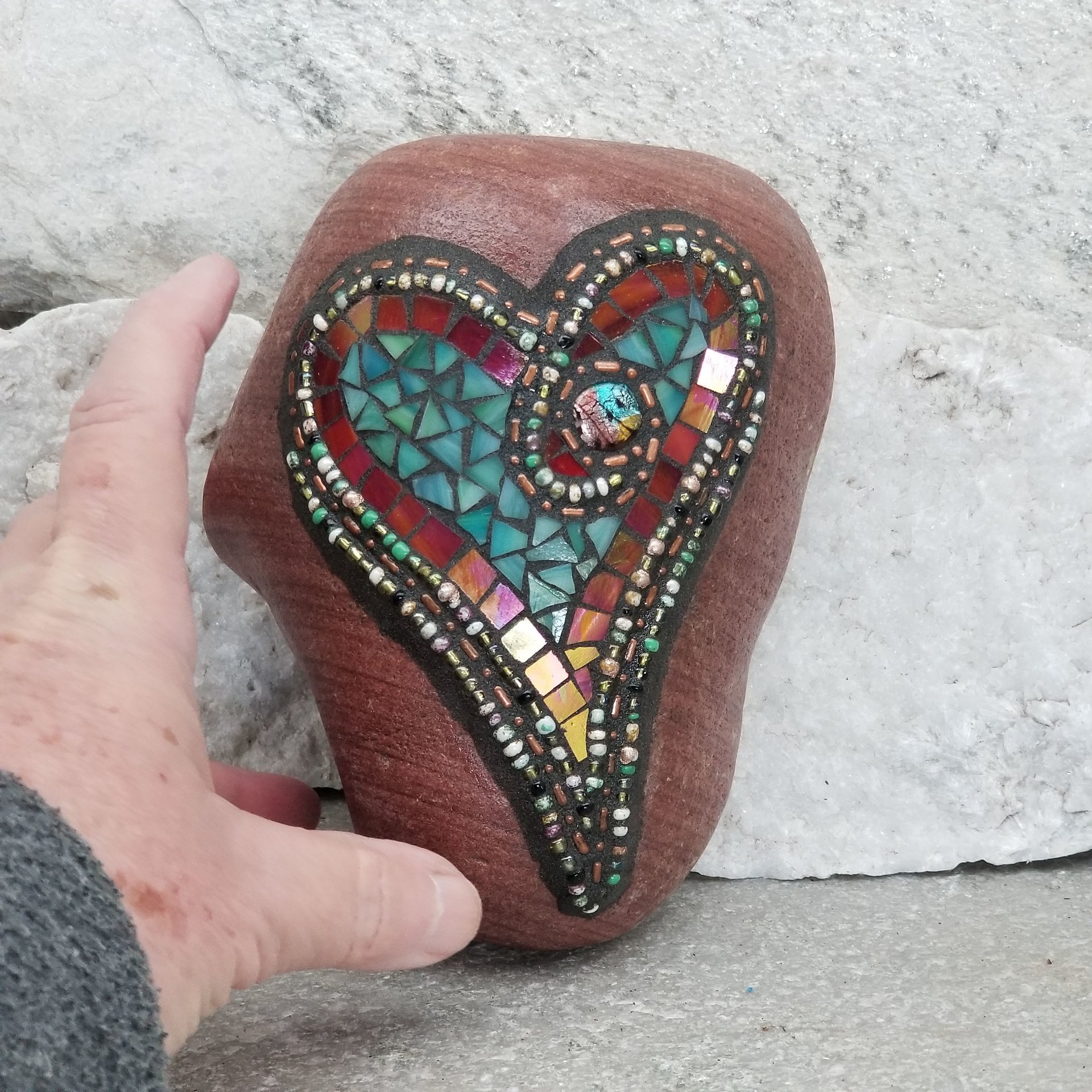 Red and Teal  Mosaic Heart Garden Stone, GardnerGift, Garden Decor