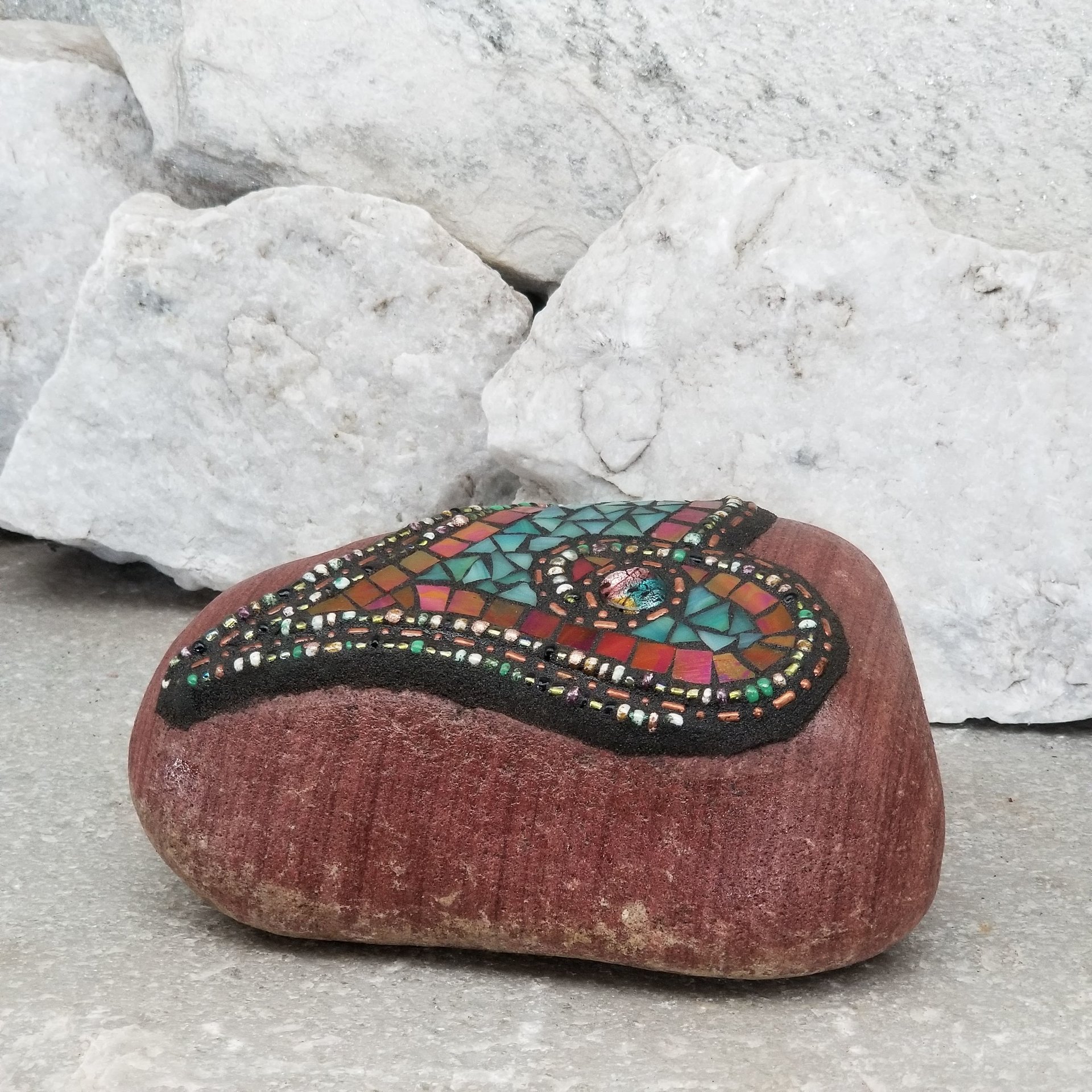 Red and Teal  Mosaic Heart Garden Stone, GardnerGift, Garden Decor