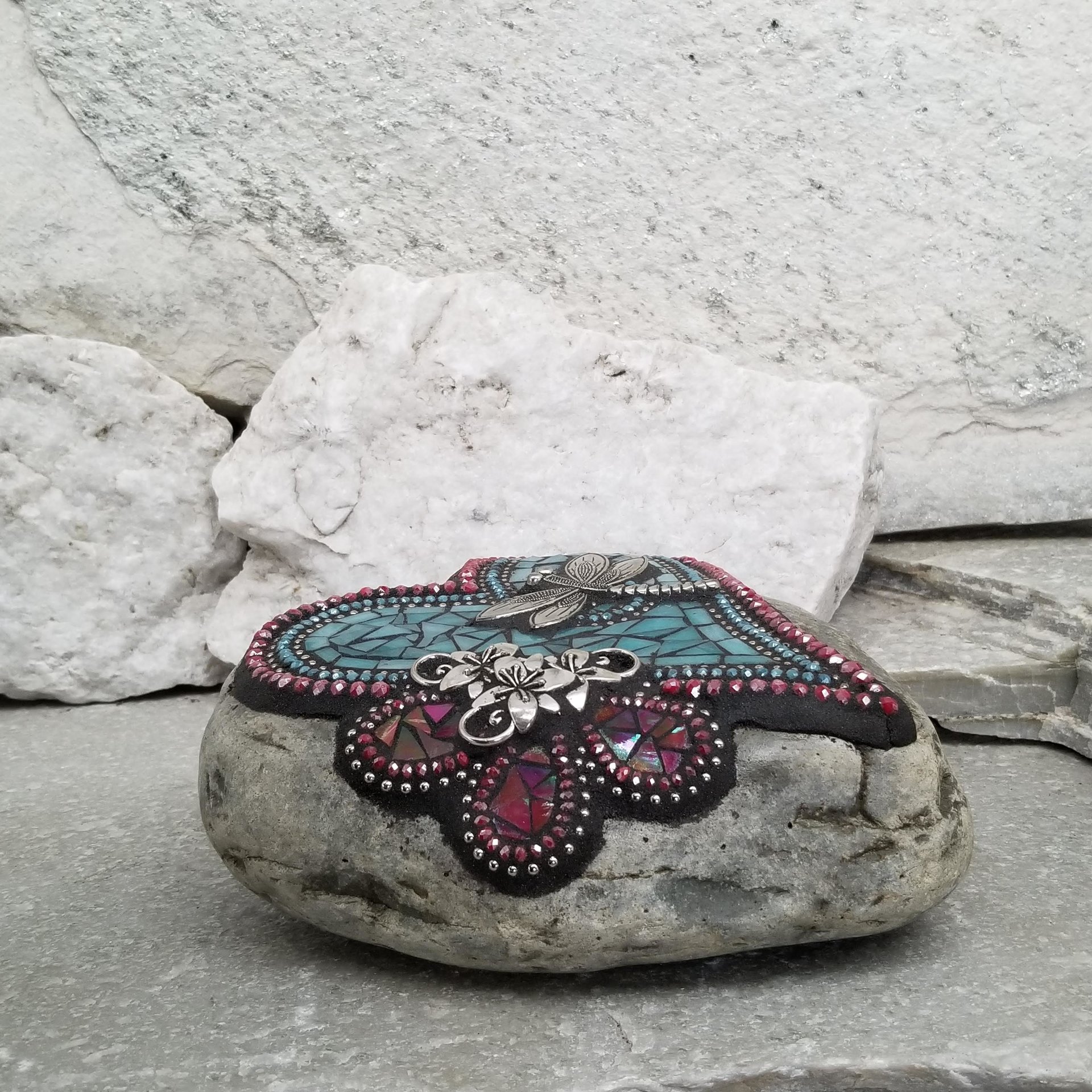 Turquoise and Red Dragonfly Mosaic Heart, Mosaic Rock, Mosaic Garden Stone,