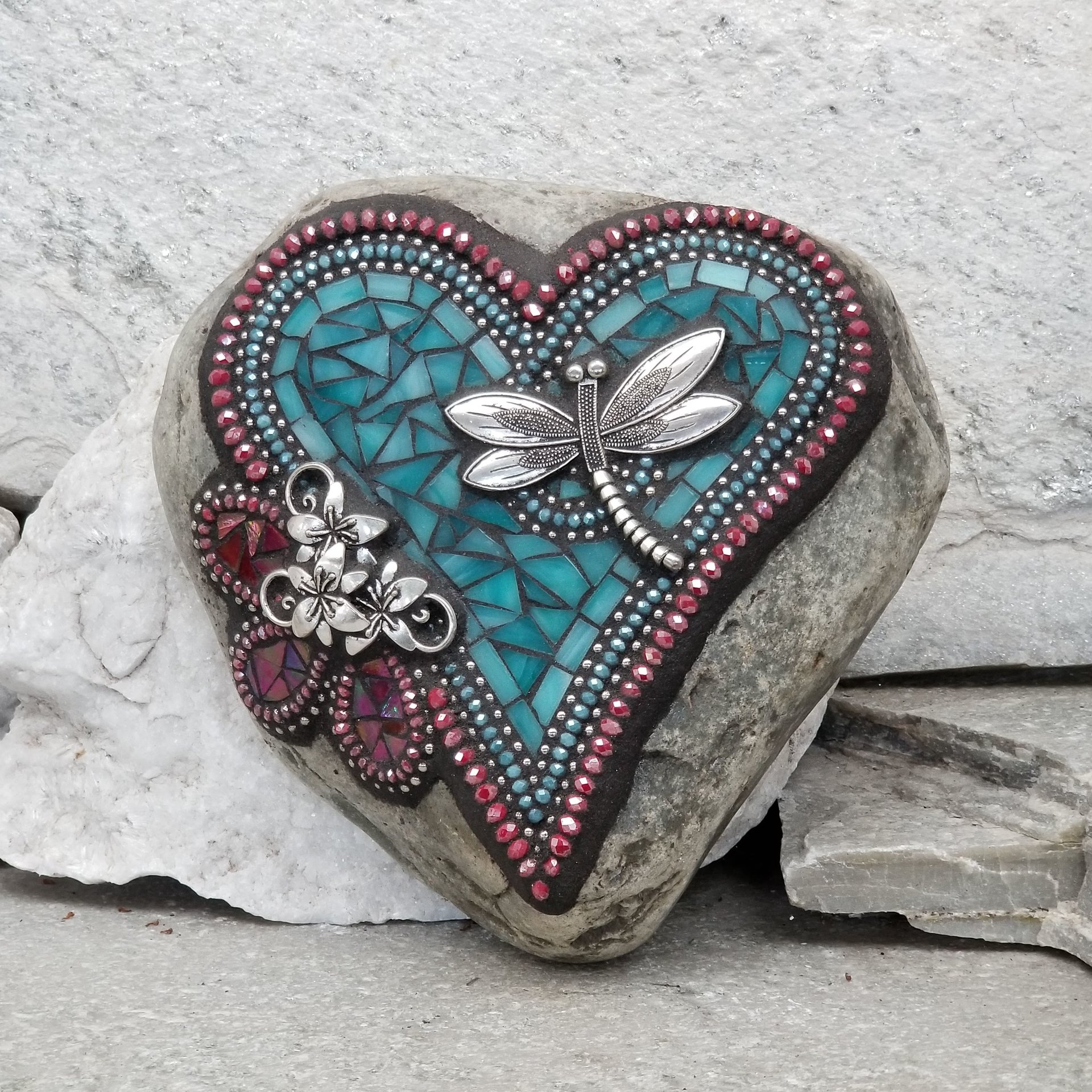 Turquoise and Red Dragonfly Mosaic Heart, Mosaic Rock, Mosaic Garden Stone,