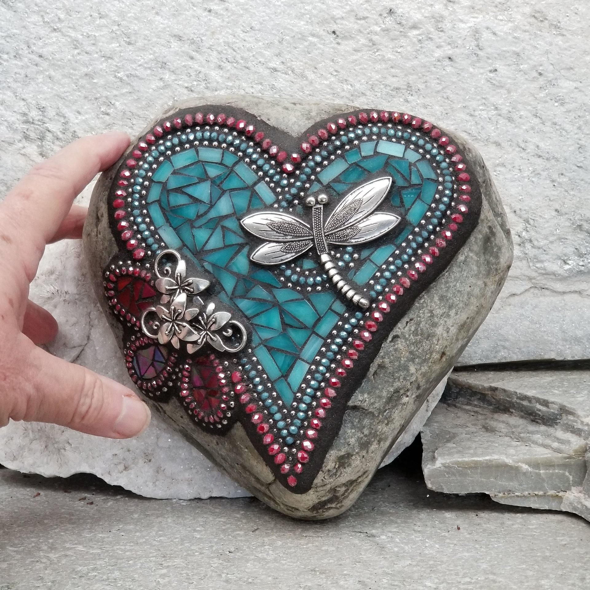 Turquoise and Red Dragonfly Mosaic Heart, Mosaic Rock, Mosaic Garden Stone,