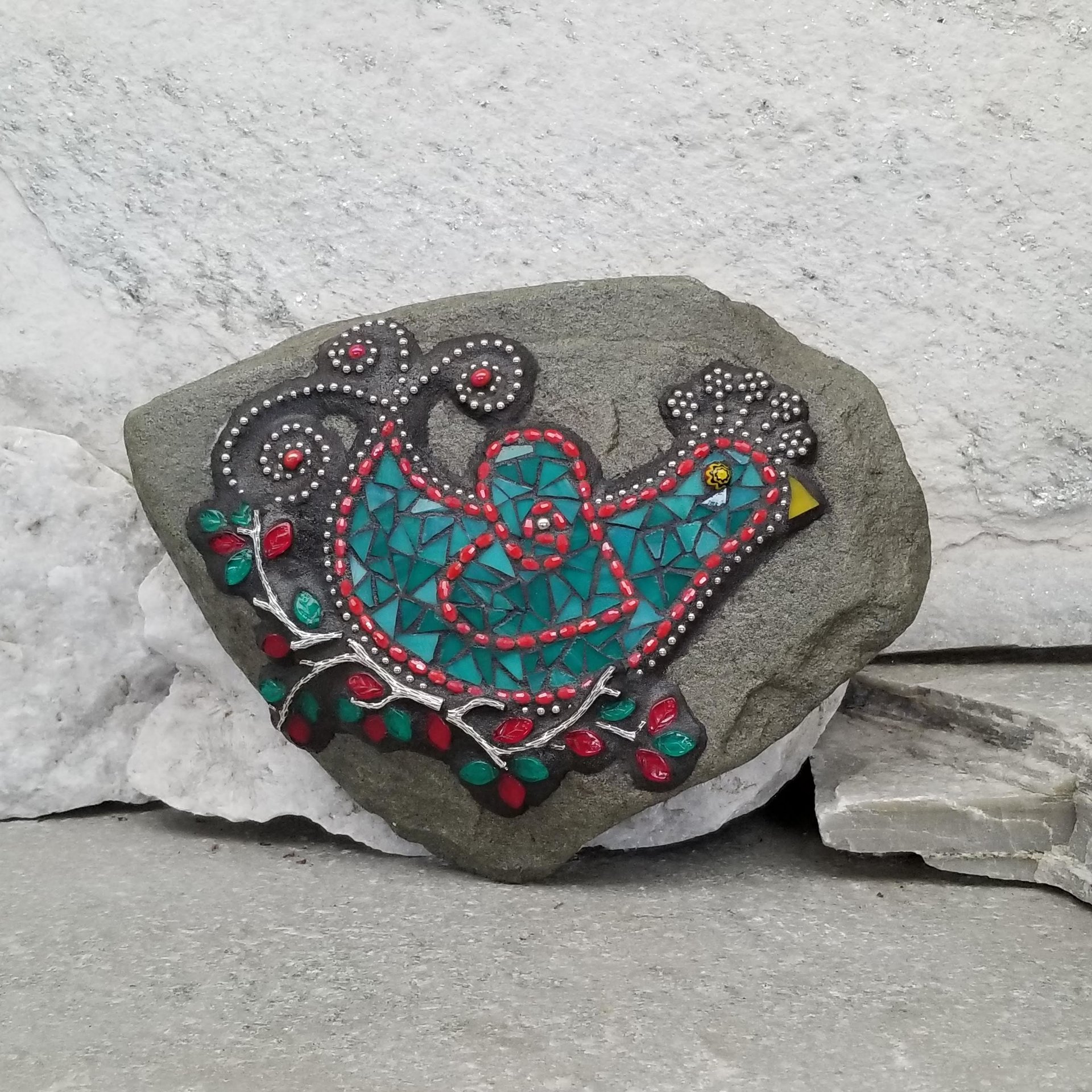 Teal Bird on a Branch Mosaic Garden Stone, Gardening Gift