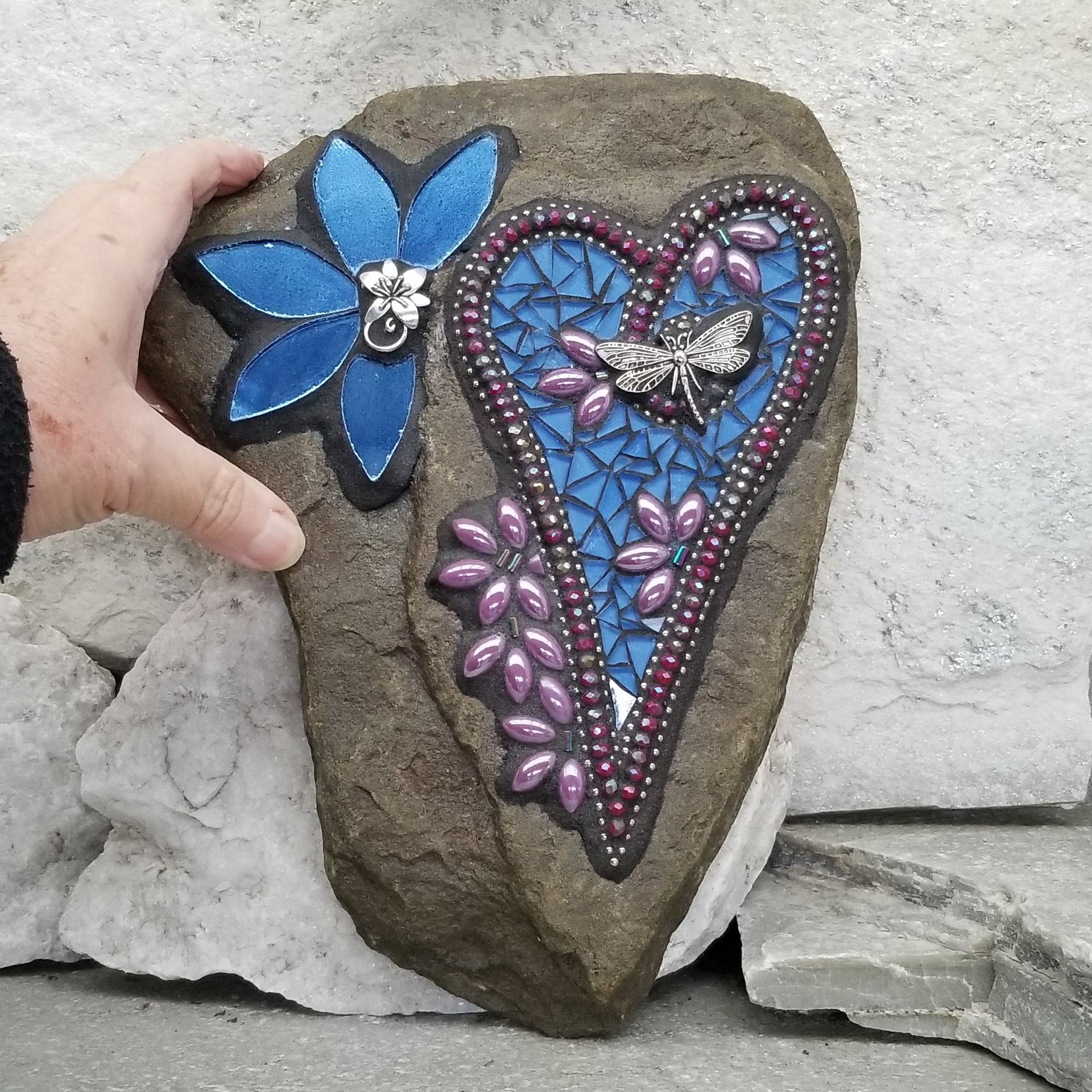 Blue and Purple Mosaic Heart, Garden Stone, Mosaic, Garden Decor, Dragonfly