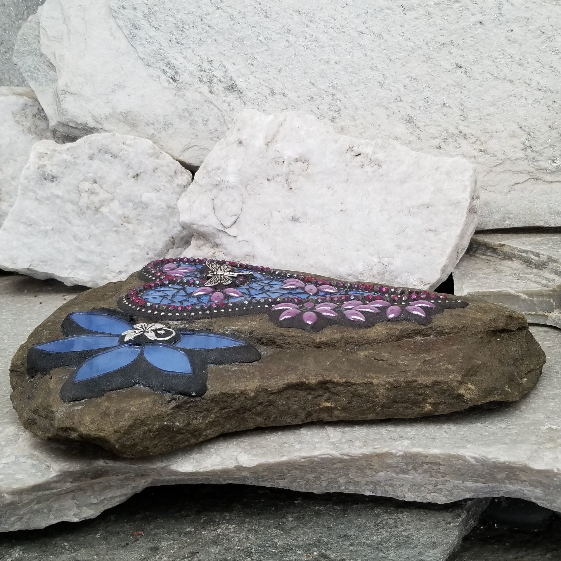 Blue and Purple Mosaic Heart, Garden Stone, Mosaic, Garden Decor, Dragonfly