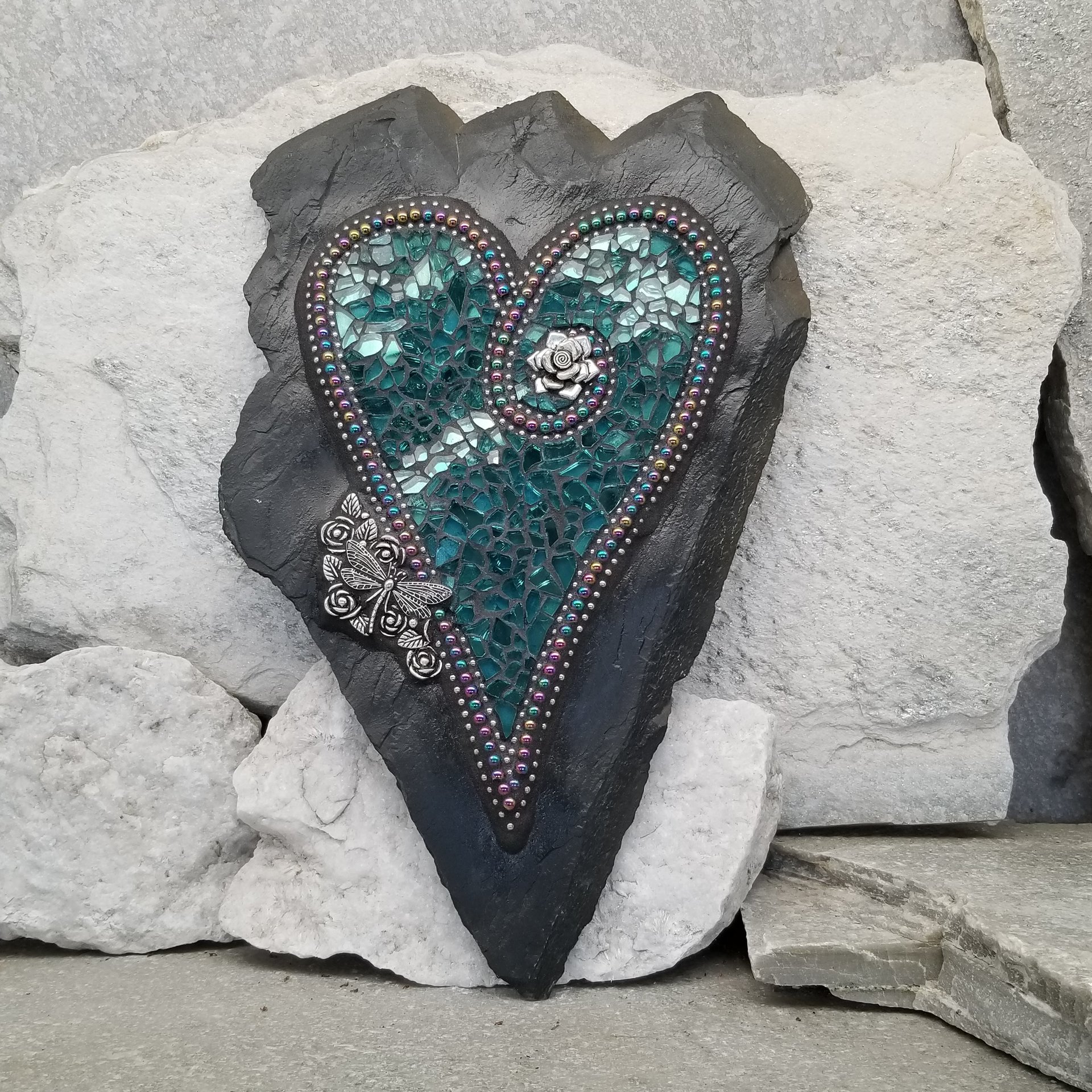 Unique Aquamarine Wall Hanging Heart, Mosaic Garden Stone, Porch Decor, Wall Decor, Dragonfly