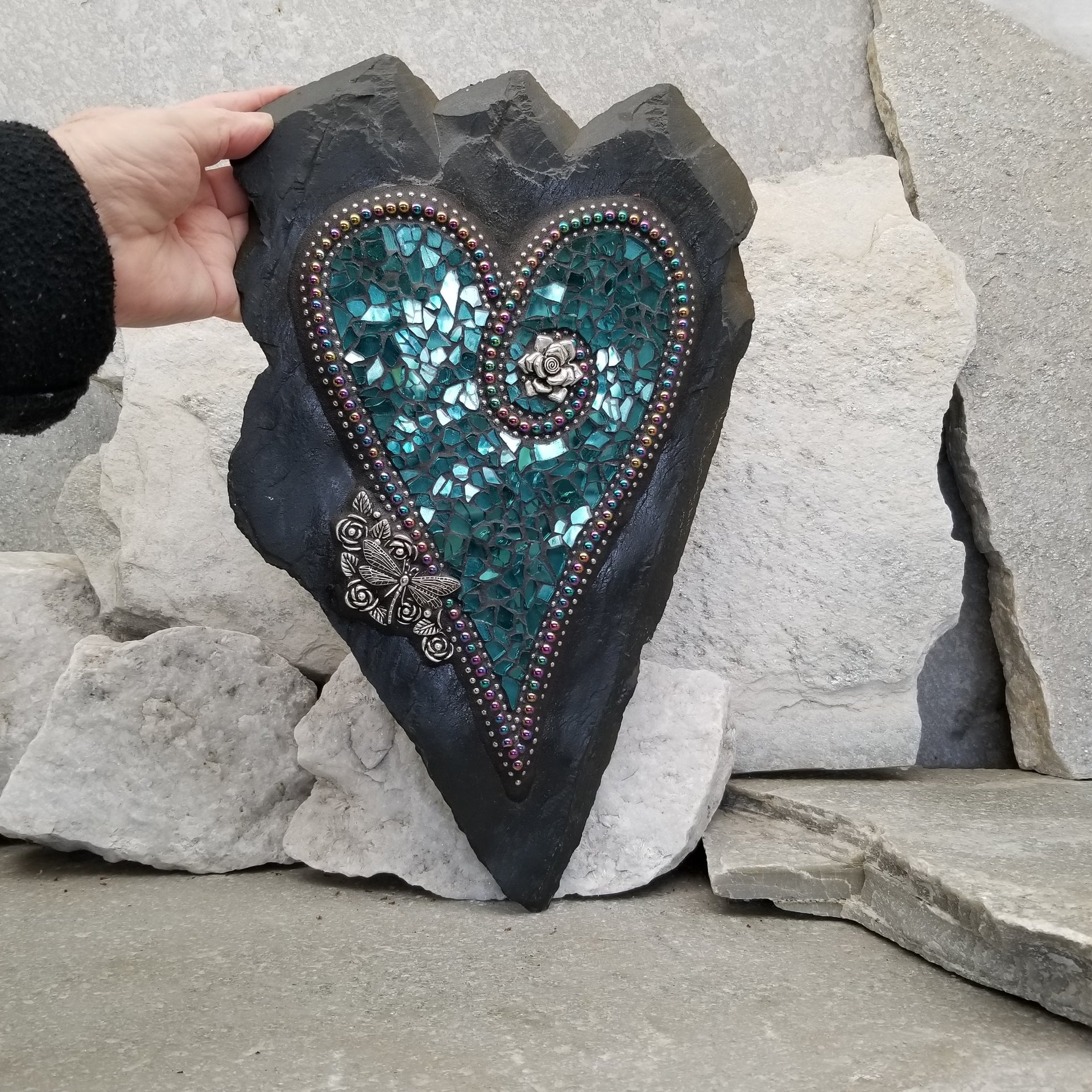 Unique Aquamarine Wall Hanging Heart, Mosaic Garden Stone, Porch Decor, Wall Decor, Dragonfly