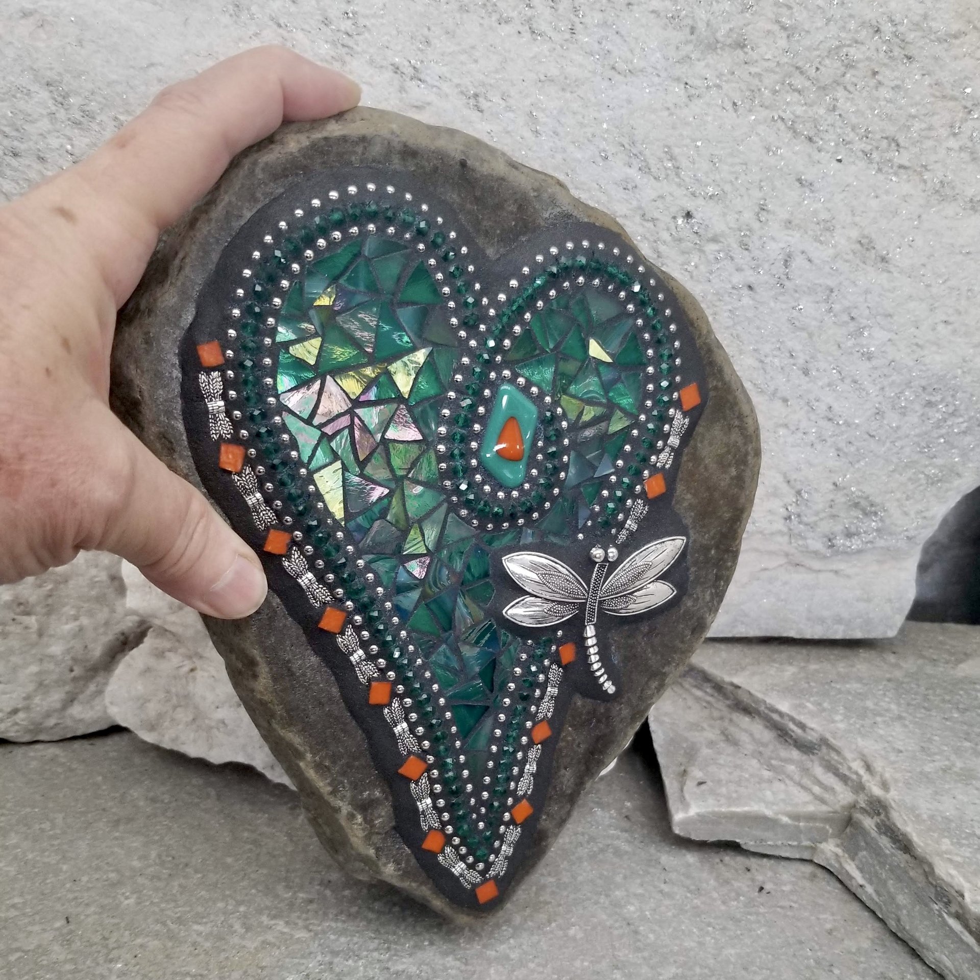 Iridescent Green Heart with Dragonfly, Garden Stone, Mosaic, Garden Decor