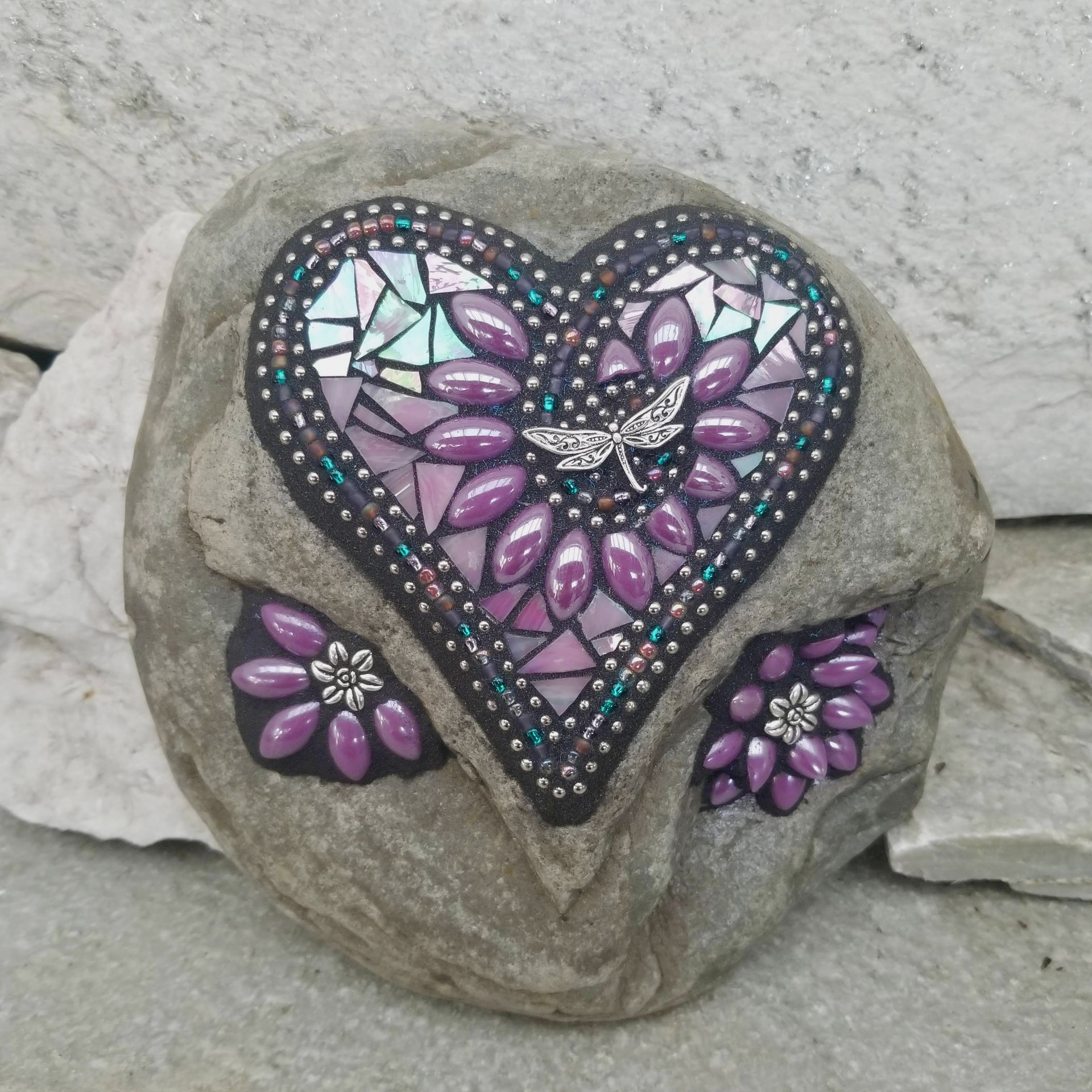 Iridescent Lavender Heart with Dragonfly, Garden Stone, Mosaic, Garden Decor