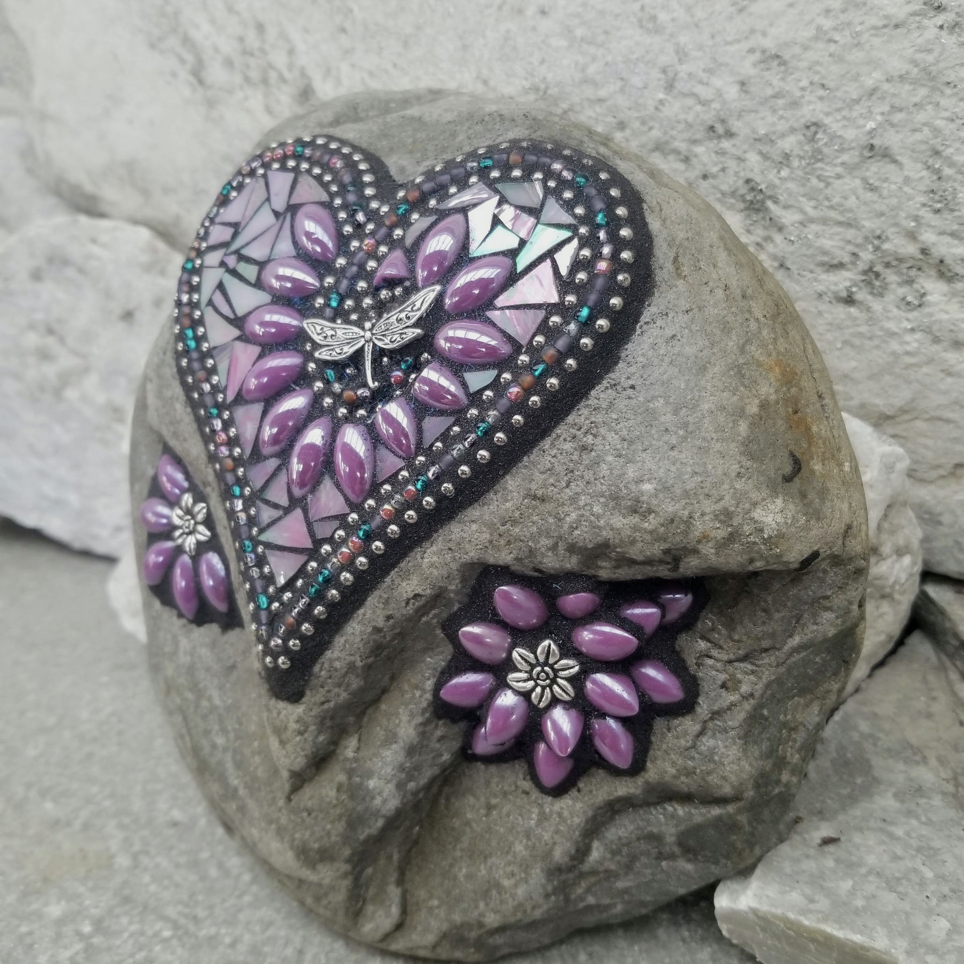 Iridescent Lavender Heart with Dragonfly, Garden Stone, Mosaic, Garden Decor