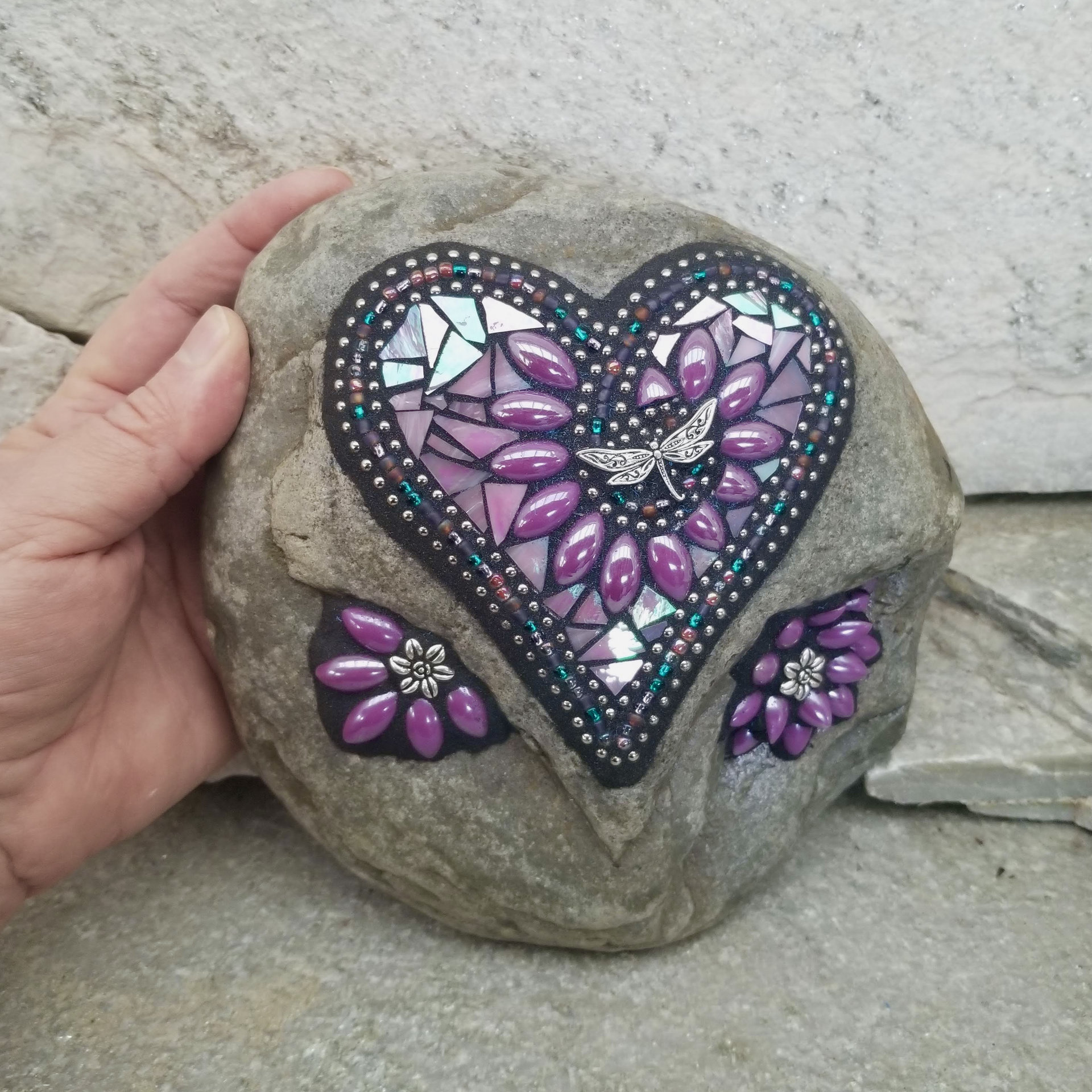 Iridescent Lavender Heart with Dragonfly, Garden Stone, Mosaic, Garden Decor