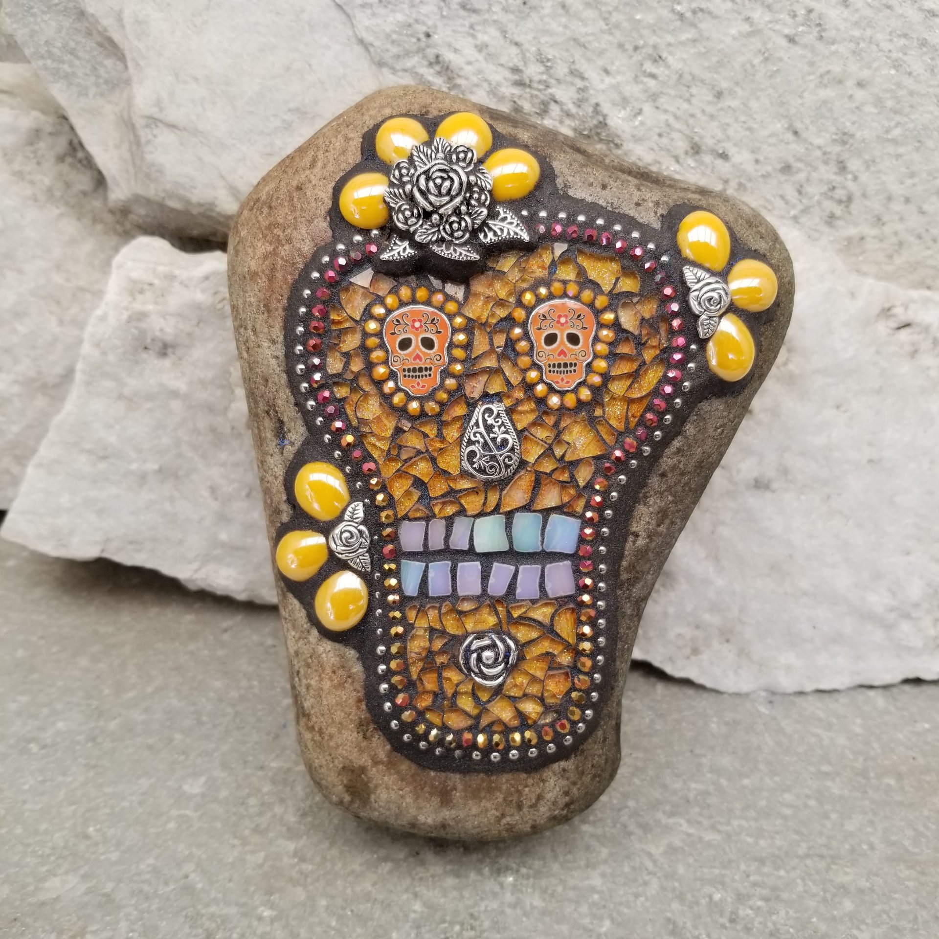 Orange Day of the Dead, Skull Mosaic,  Garden Stone