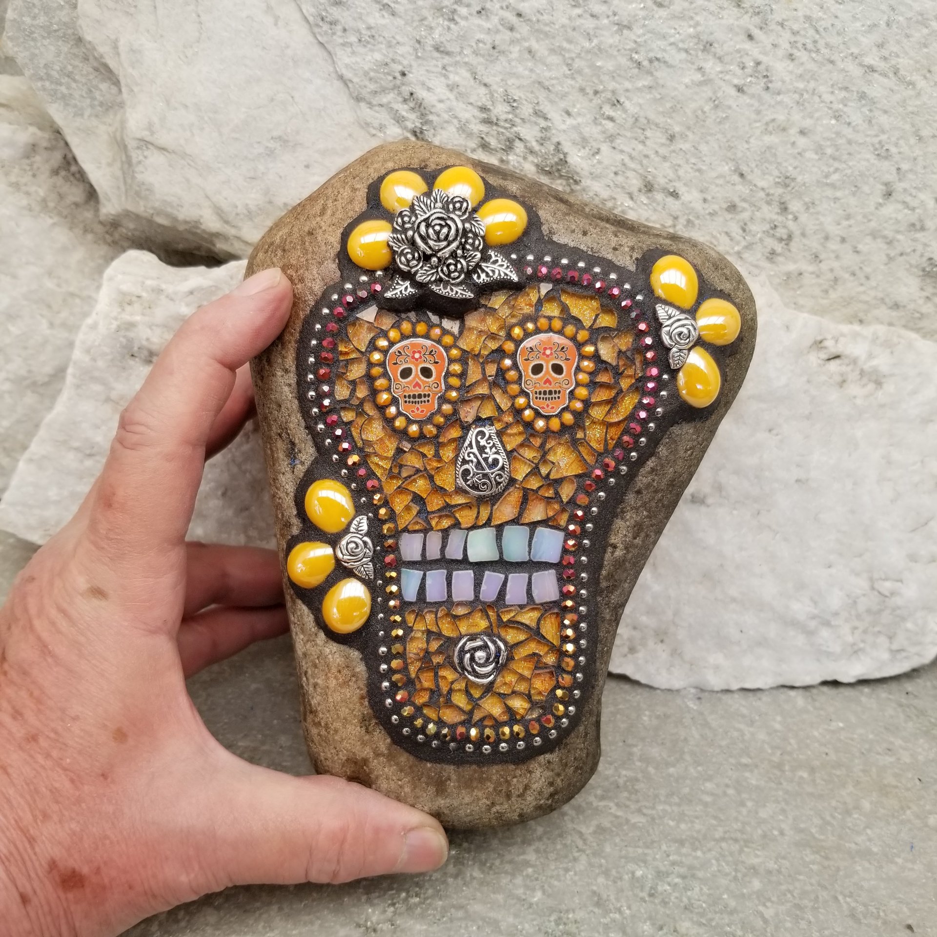 Orange Day of the Dead, Skull Mosaic,  Garden Stone