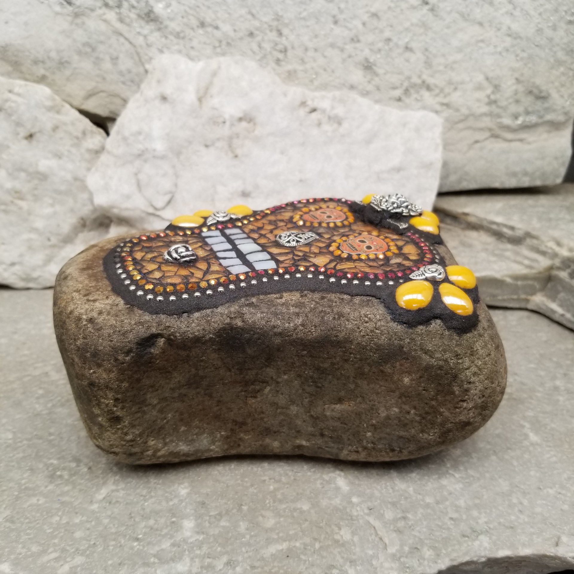 Orange Day of the Dead, Skull Mosaic,  Garden Stone