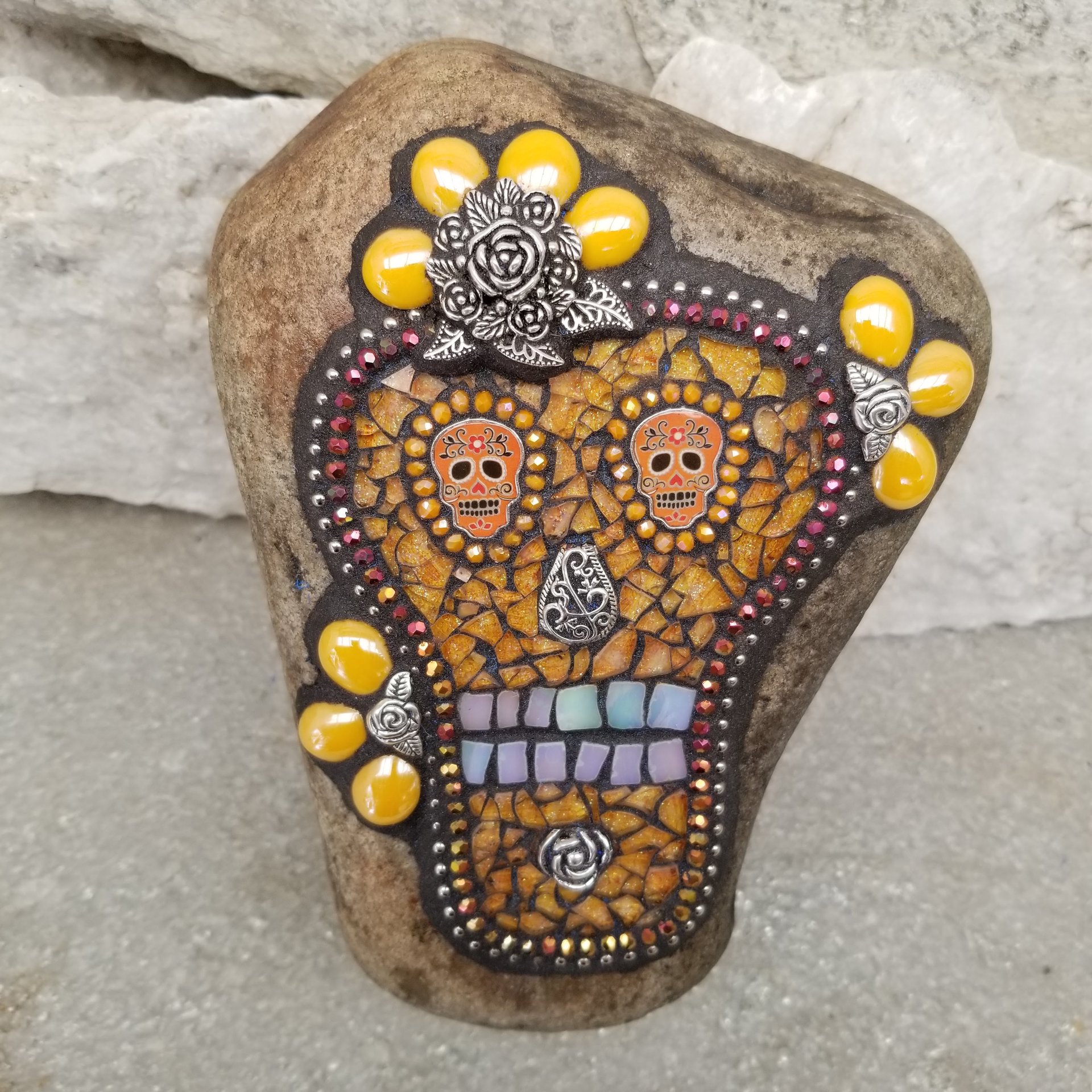 Orange Day of the Dead, Skull Mosaic,  Garden Stone