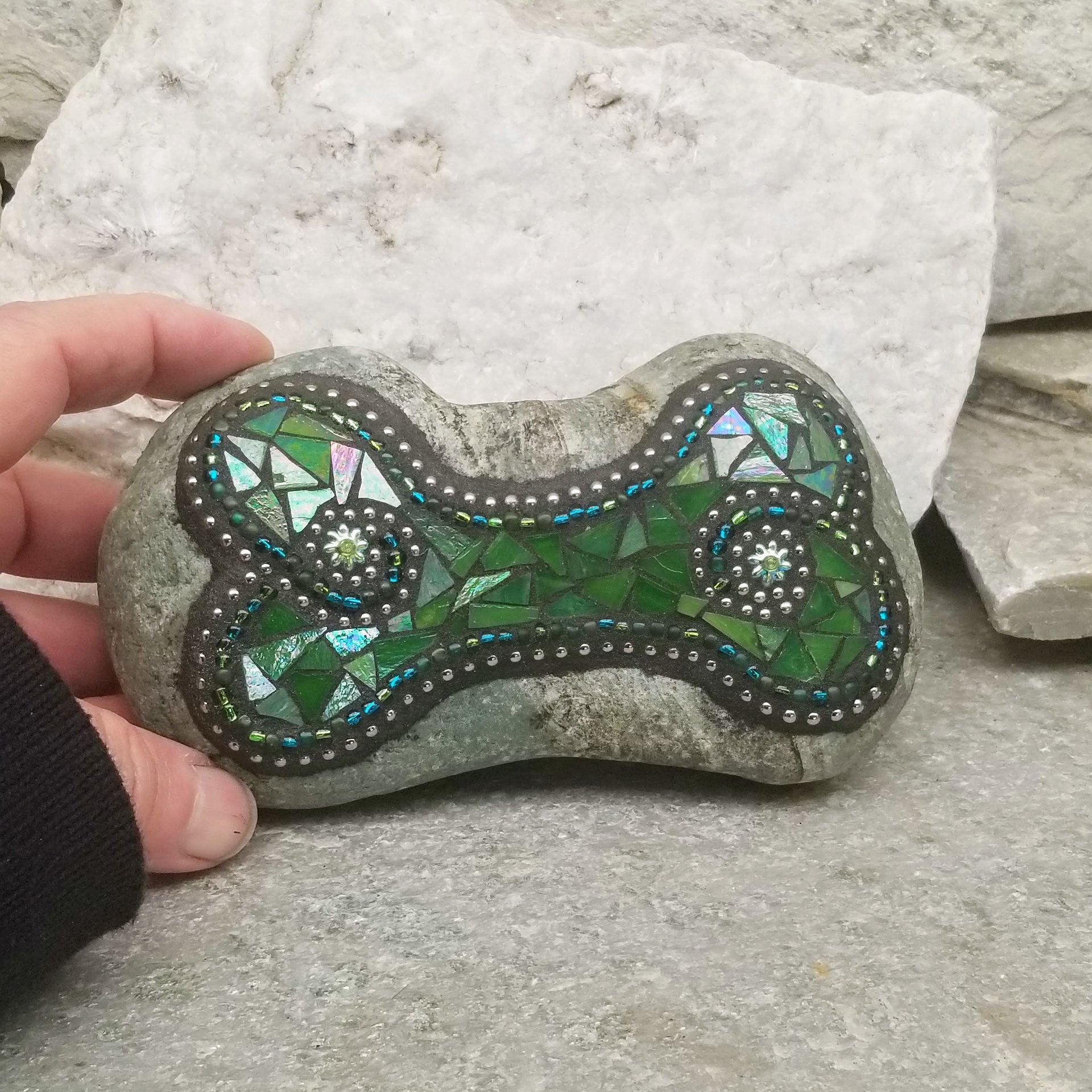 Iridescent Light Green Mosaic Dog Bone Garden Stone, GardnerGift, Garden Decor