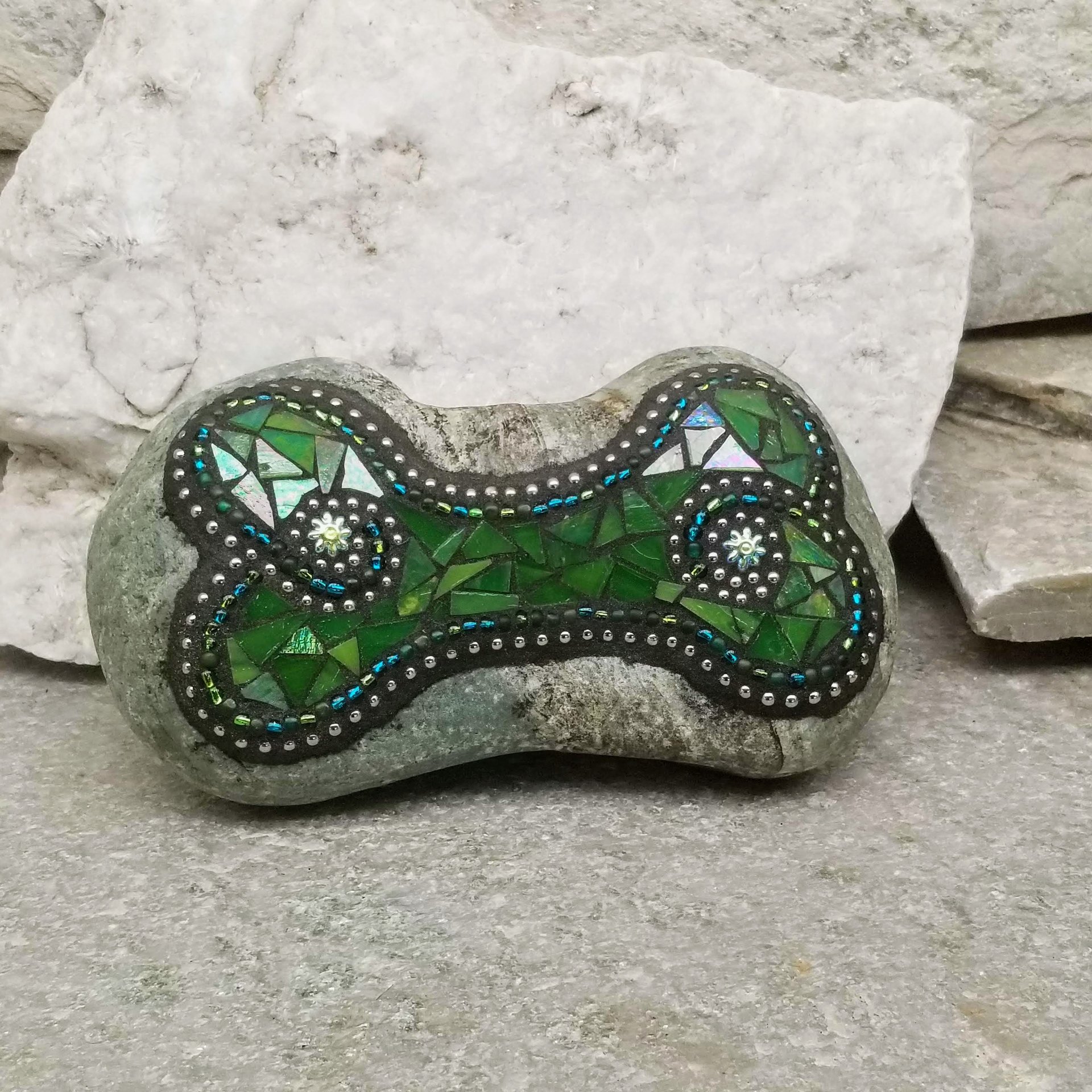 Iridescent Light Green Mosaic Dog Bone Garden Stone, GardnerGift, Garden Decor