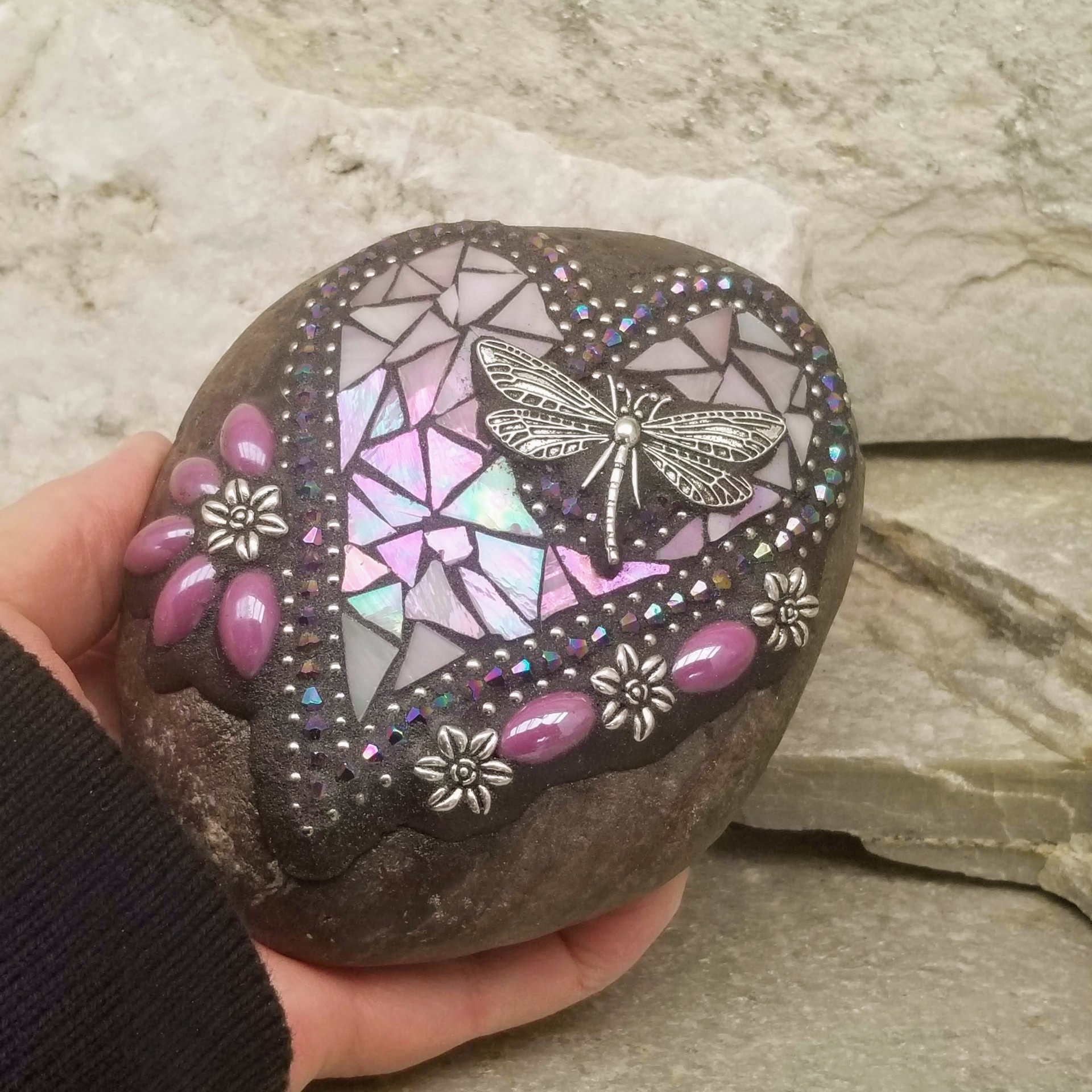 Iridescent Pink Dragonfly Heart, Mosaic Paperweight / Garden Stone