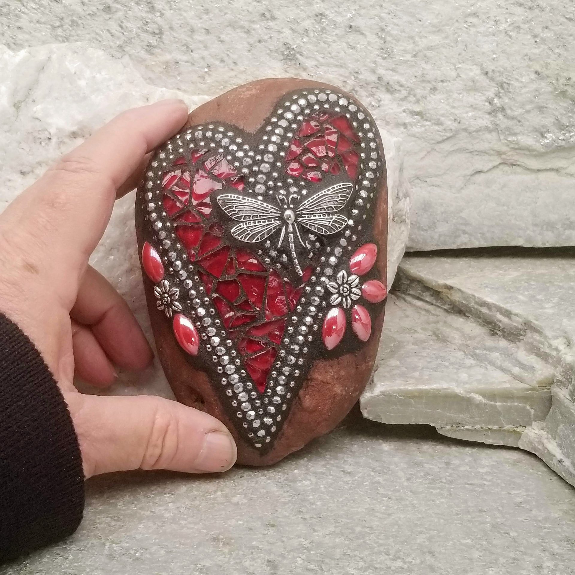 Red Dragonfly Heart, Mosaic Paperweight / Garden Stone