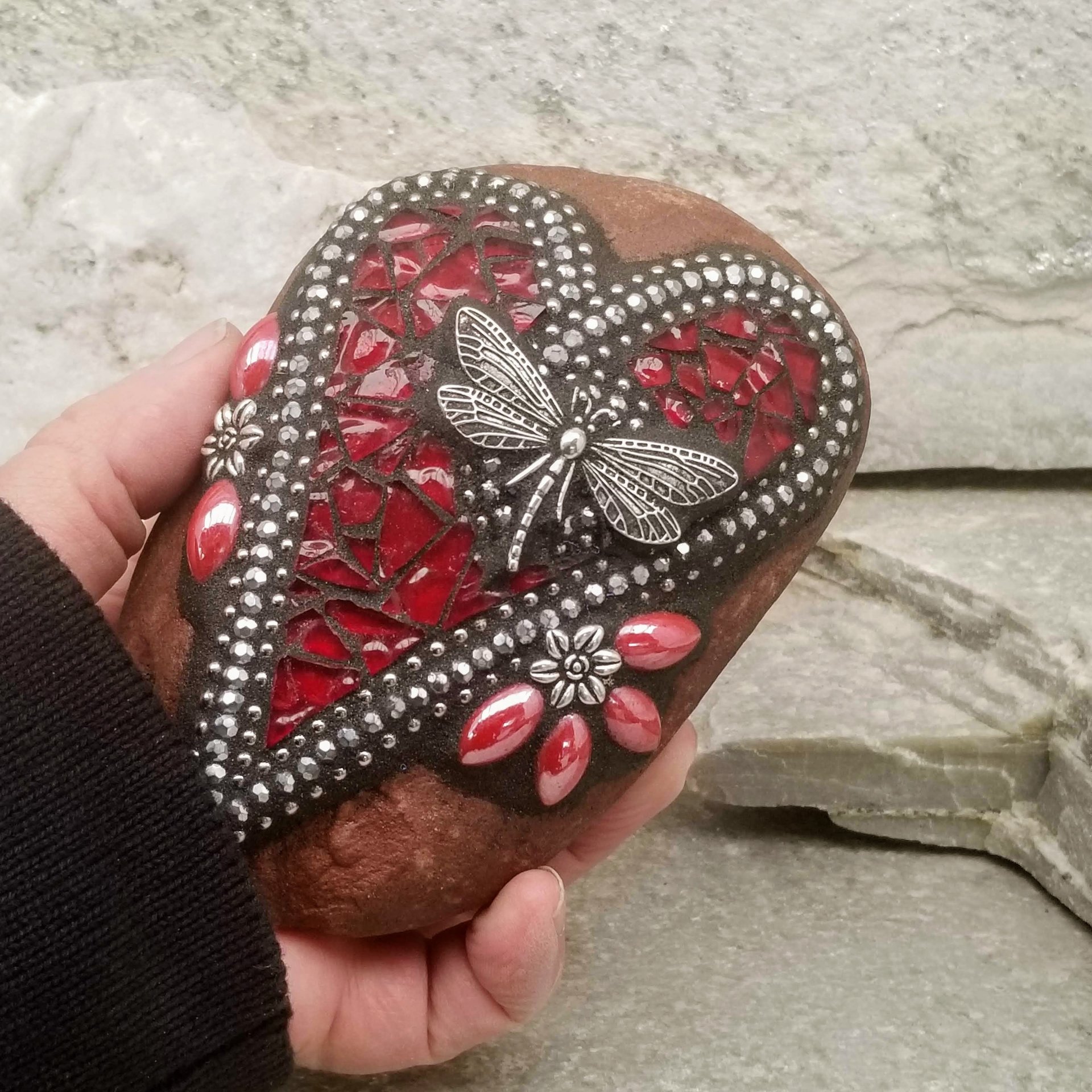 Red Dragonfly Heart, Mosaic Paperweight / Garden Stone