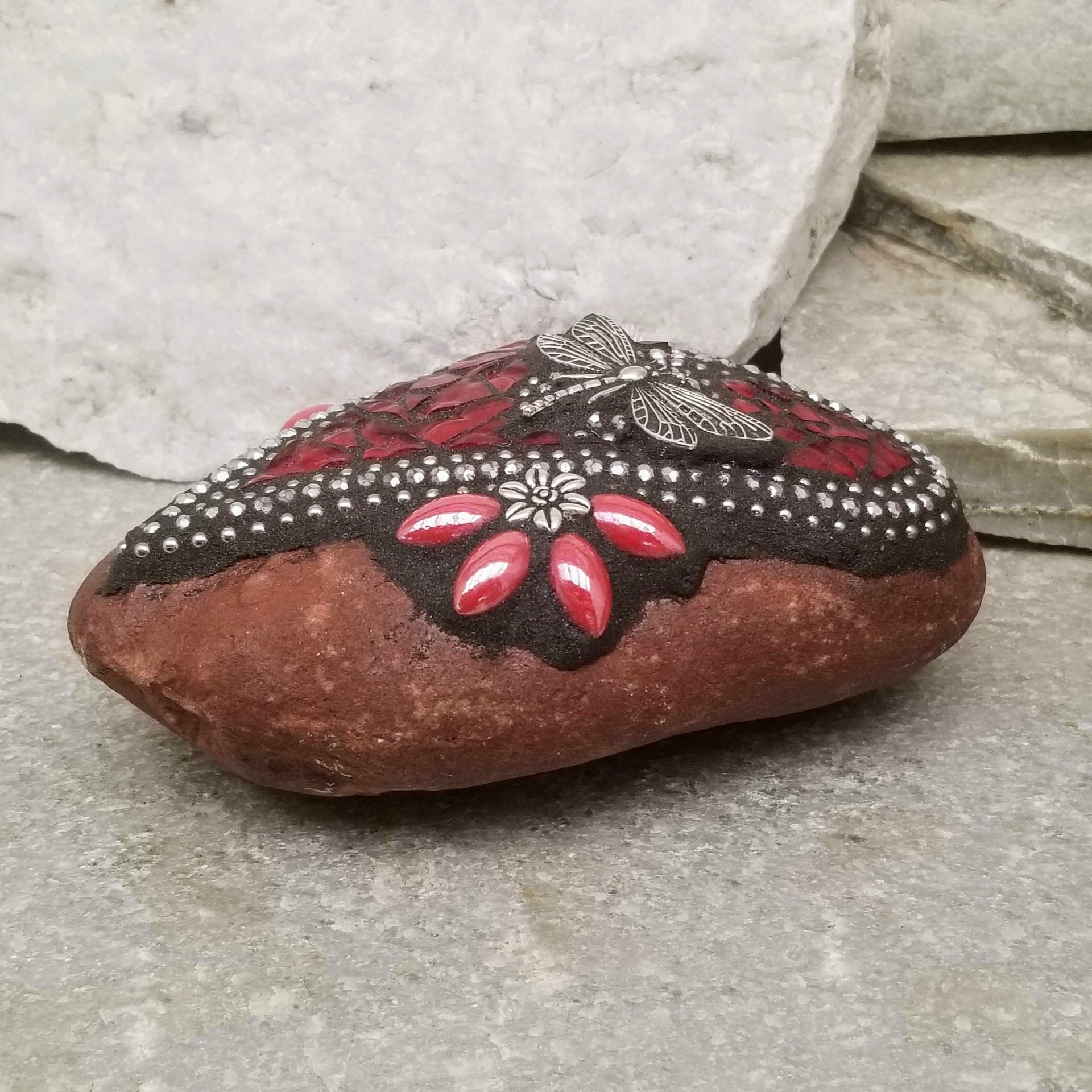 Red Dragonfly Heart, Mosaic Paperweight / Garden Stone