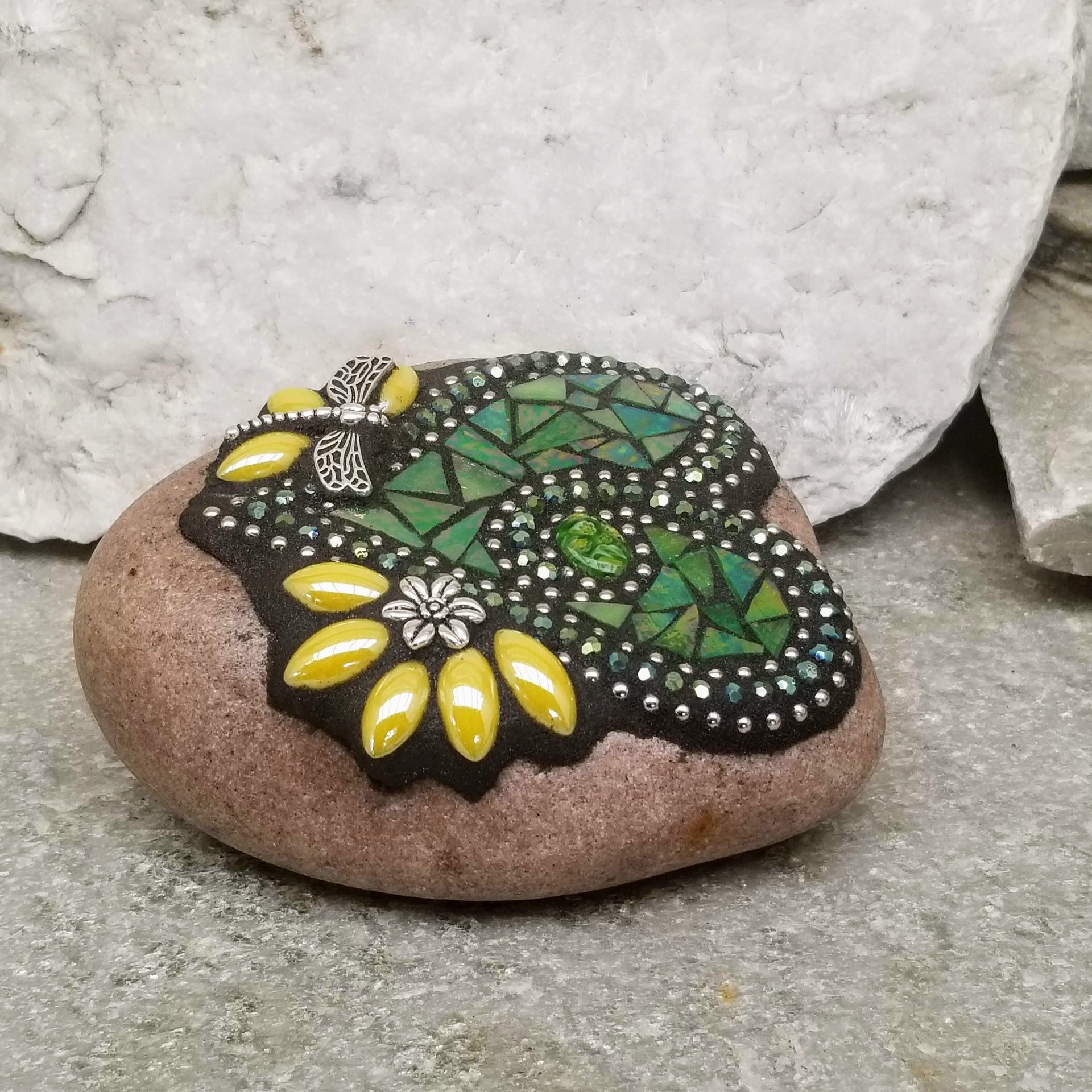 Iridescent Light Green Mosaic Heart Garden Stone, GardnerGift, Garden Decor