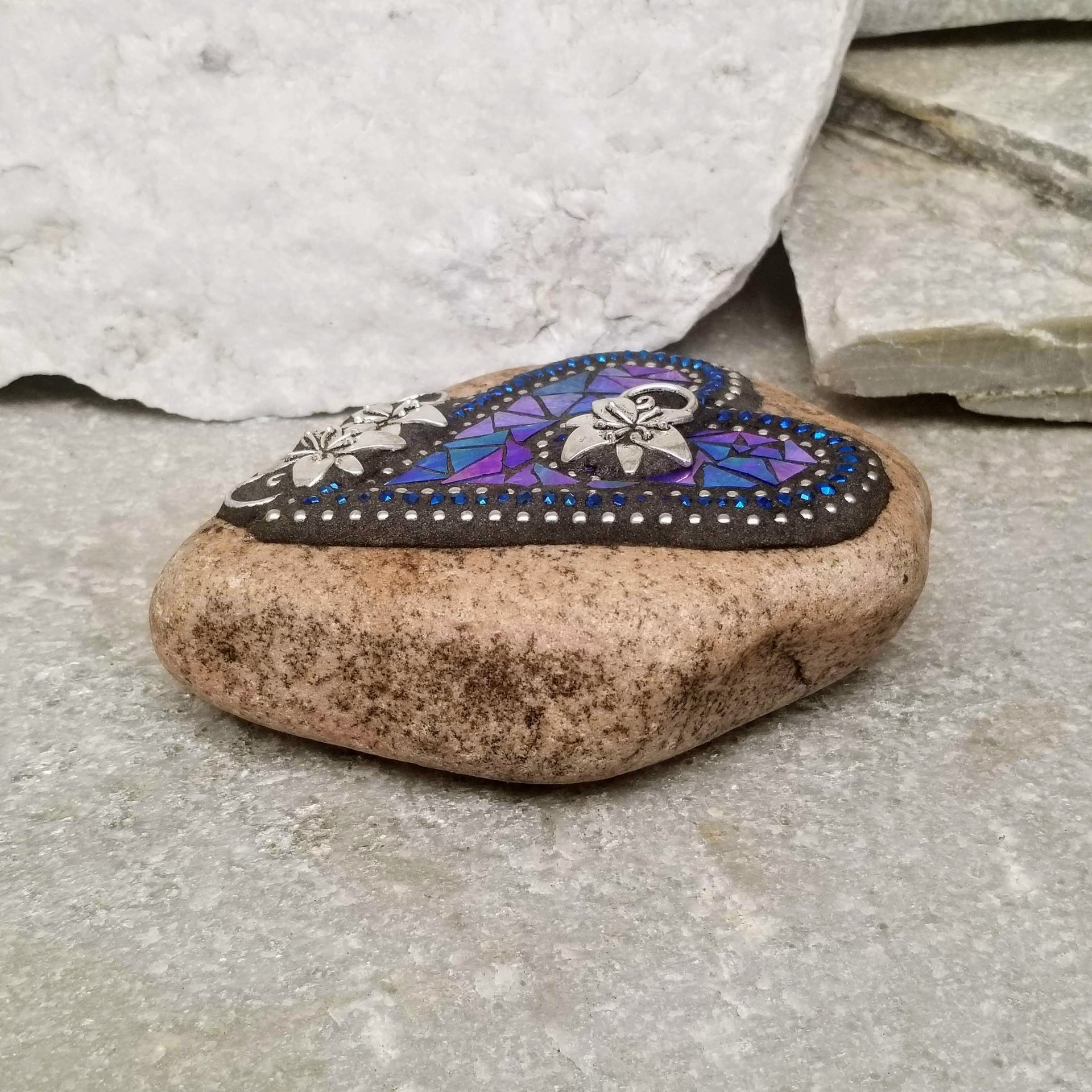 Iridescent Blue Heart, Mosaic Paperweight / Garden Stone