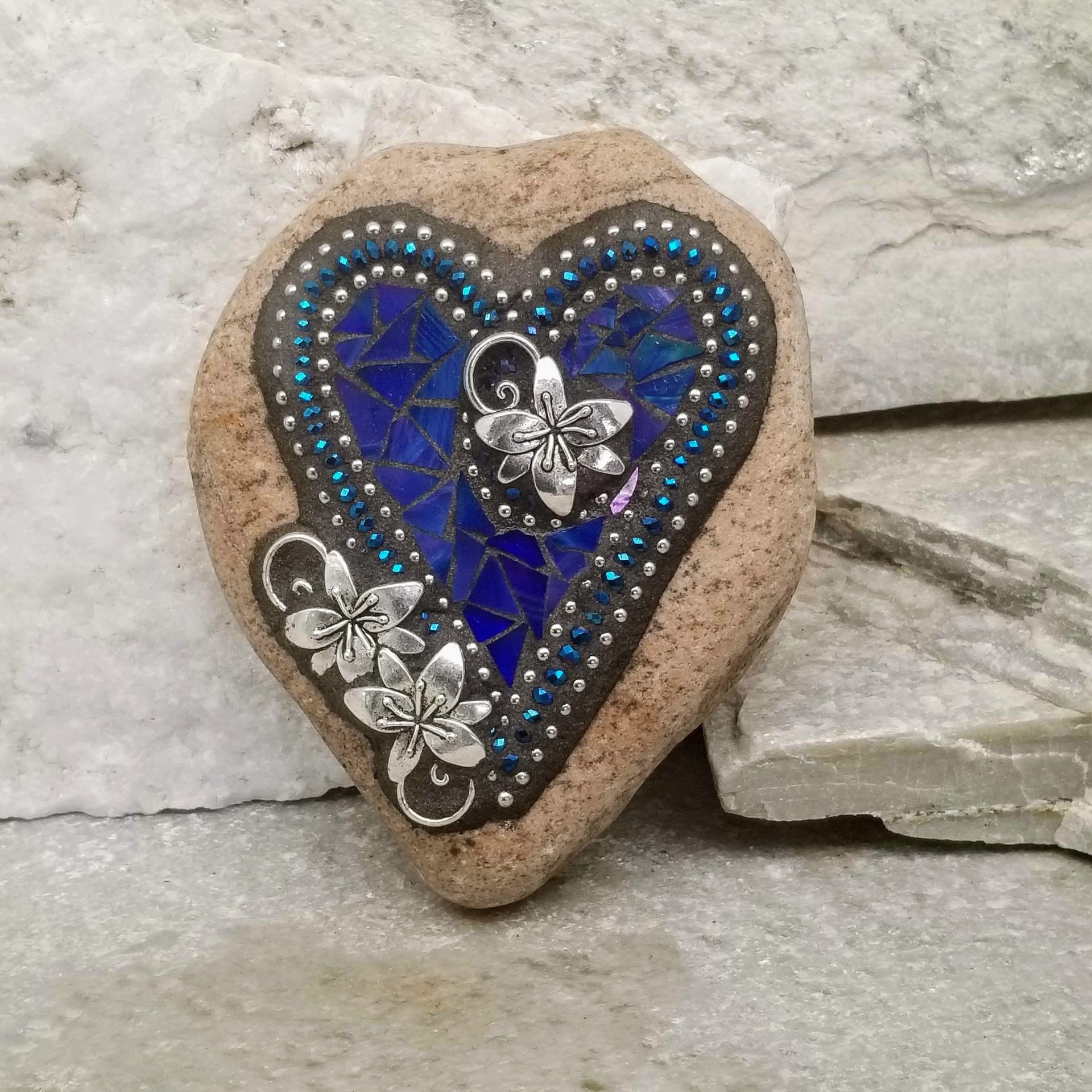 Iridescent Blue Heart, Mosaic Paperweight / Garden Stone