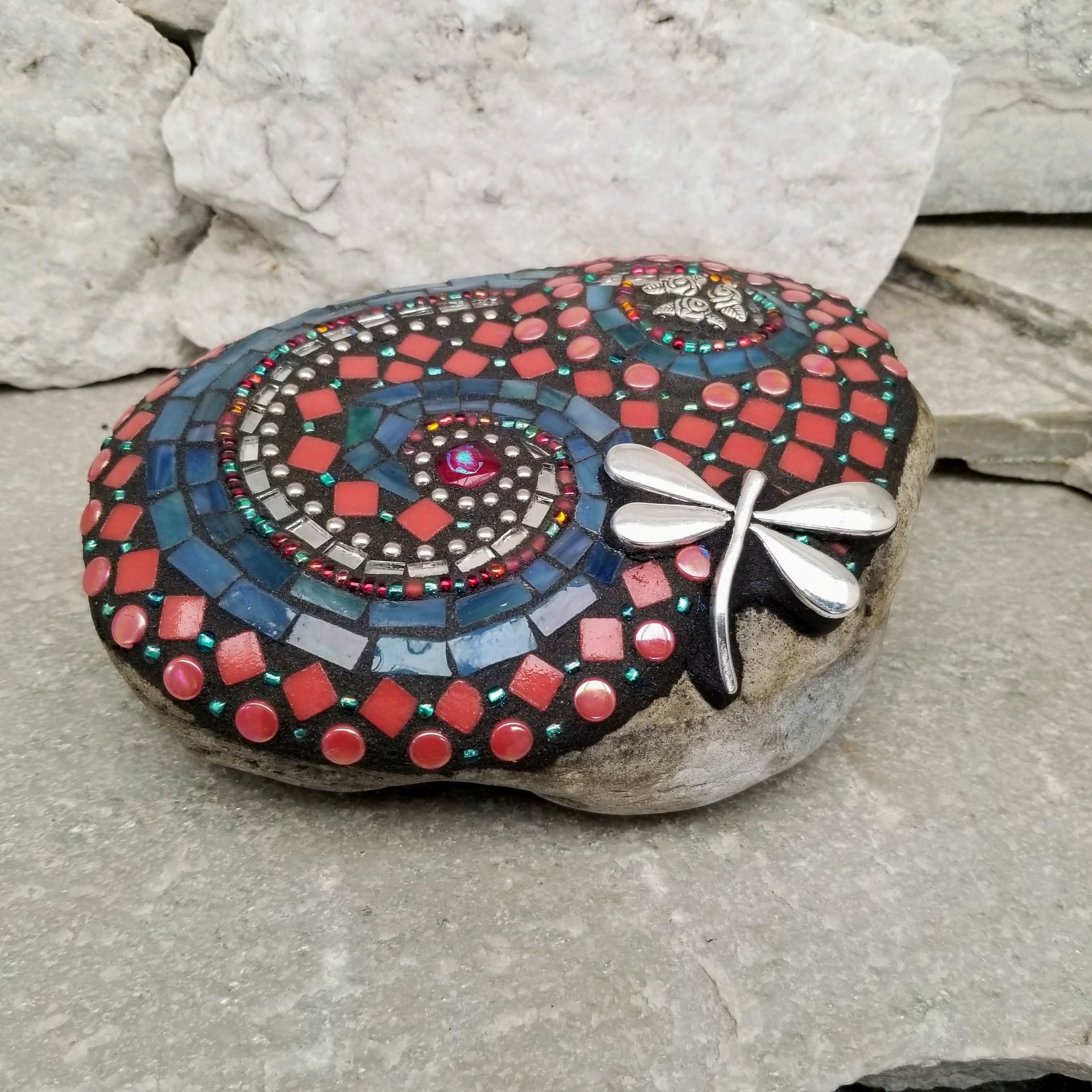 Mosaic Garden Stone, Home Decor, Gardener Gift, Garden Decor, Denim Blue and Rose