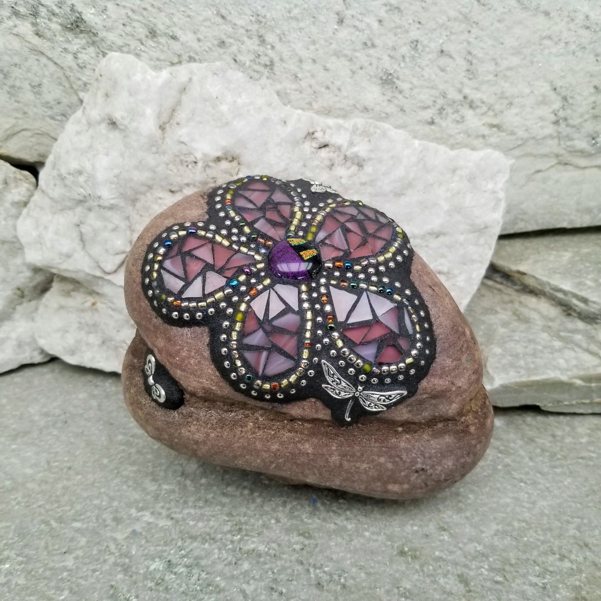 Purple Pink Mosaic Flower, Garden Stone, Garden Decor, Home Decor, Gardener Gift