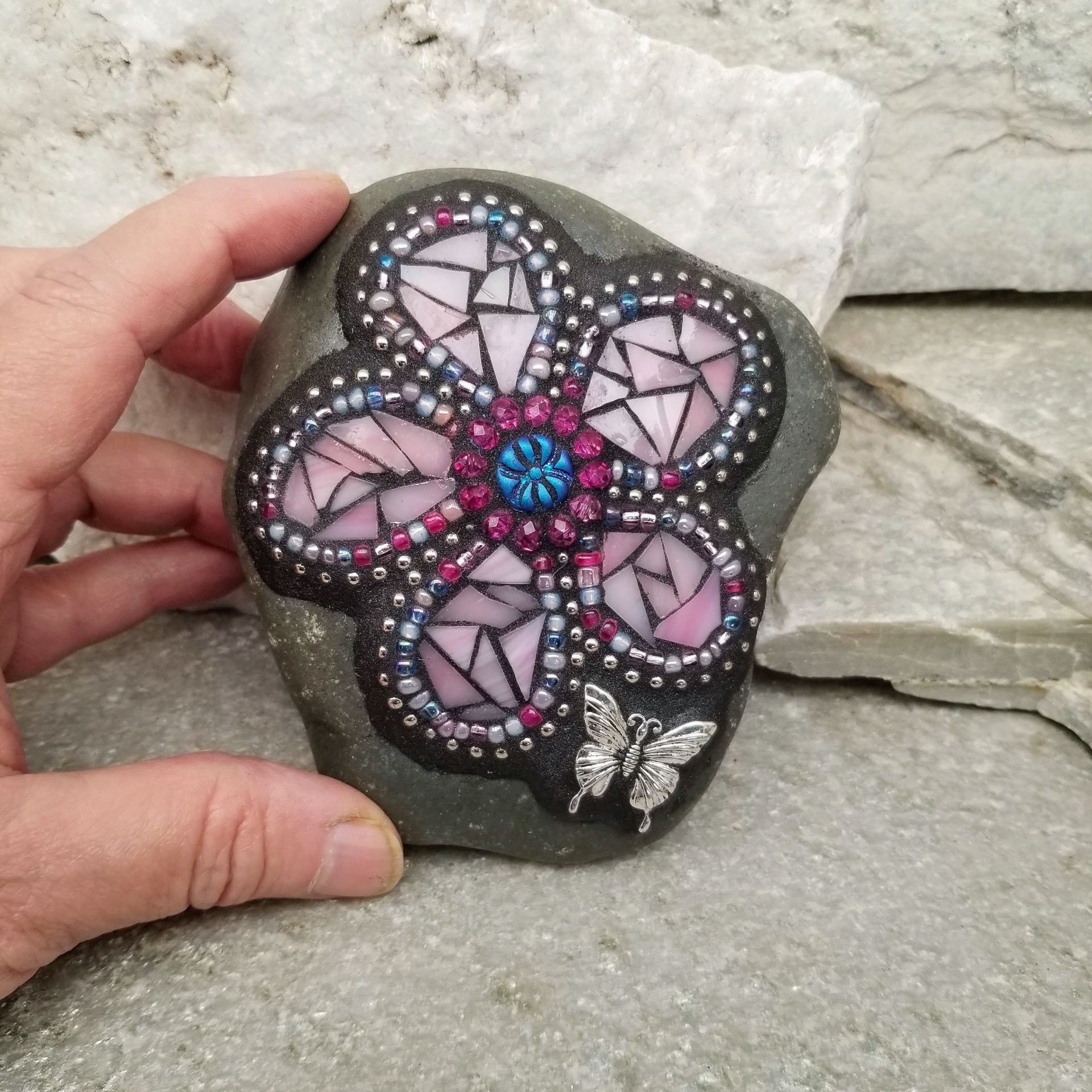 Pink Mosaic Flower, Garden Stone, Garden Decor, Home Decor, Gardener Gift