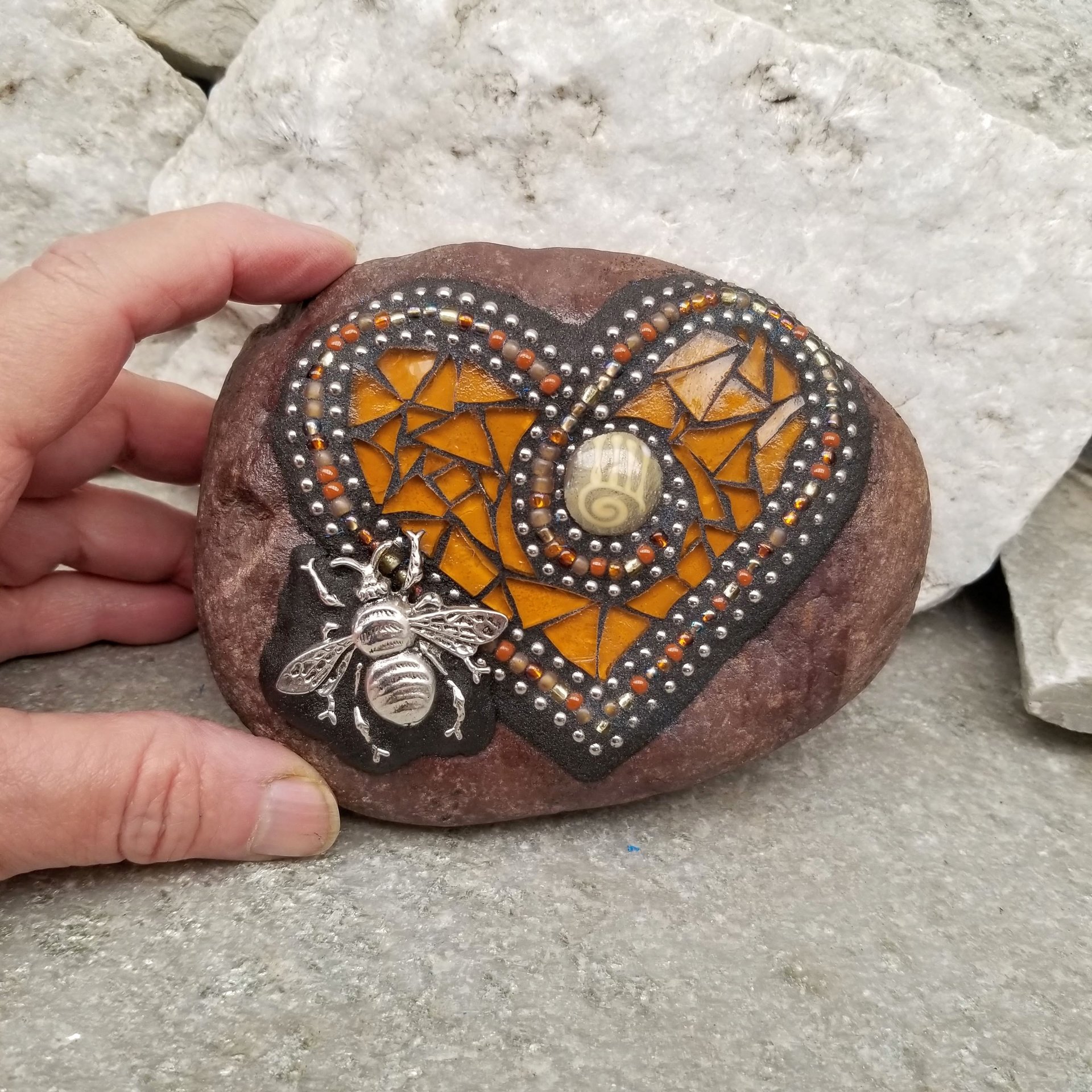 Amber Bee Heart, Mosaic Paperweight / Garden Stone