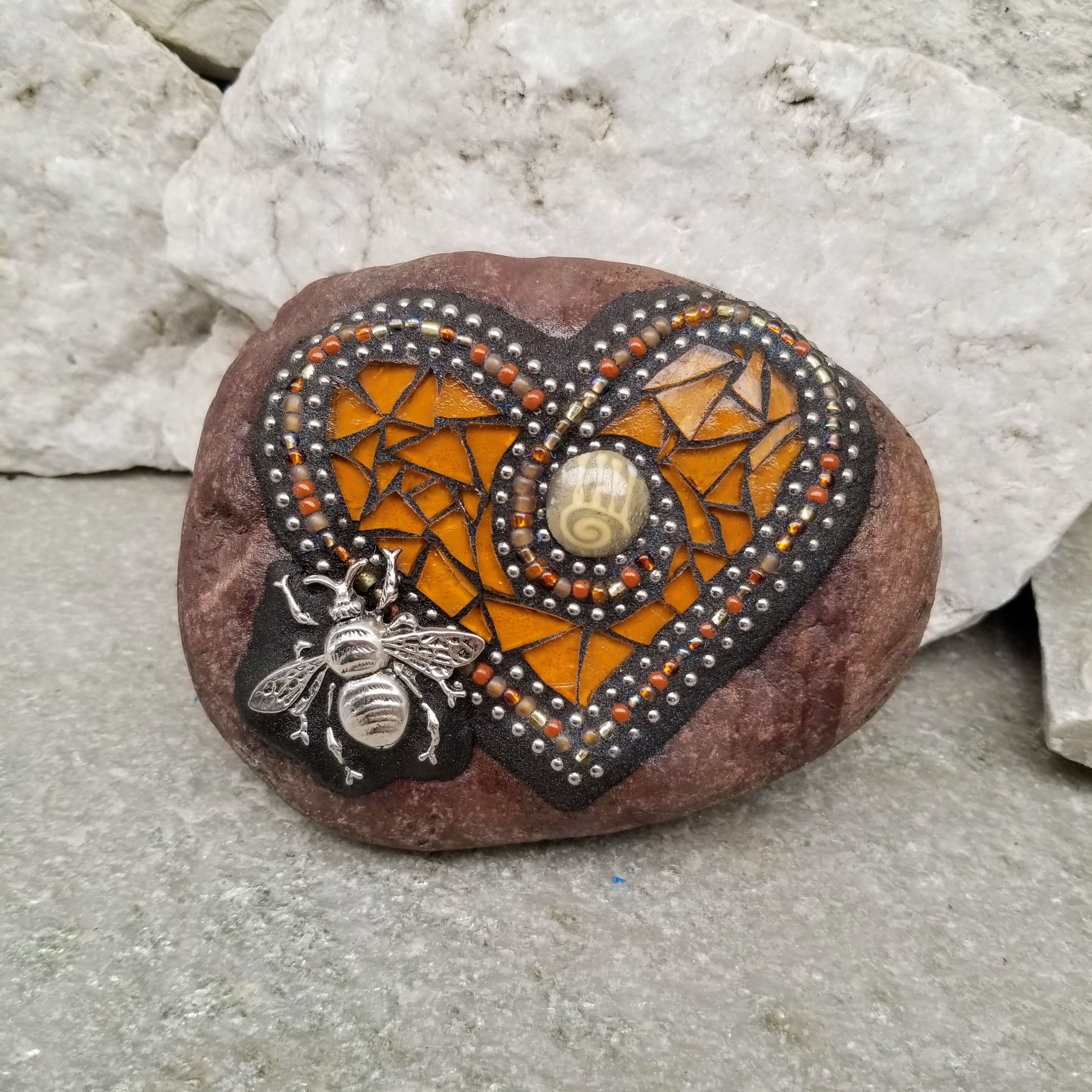 Amber Bee Heart, Mosaic Paperweight / Garden Stone