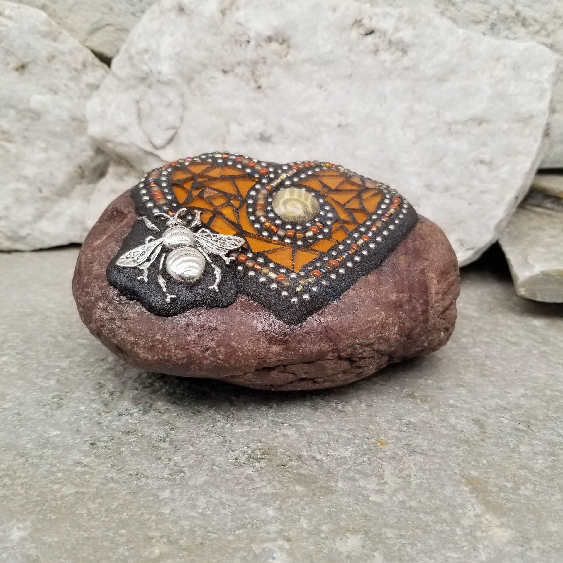 Amber Bee Heart, Mosaic Paperweight / Garden Stone