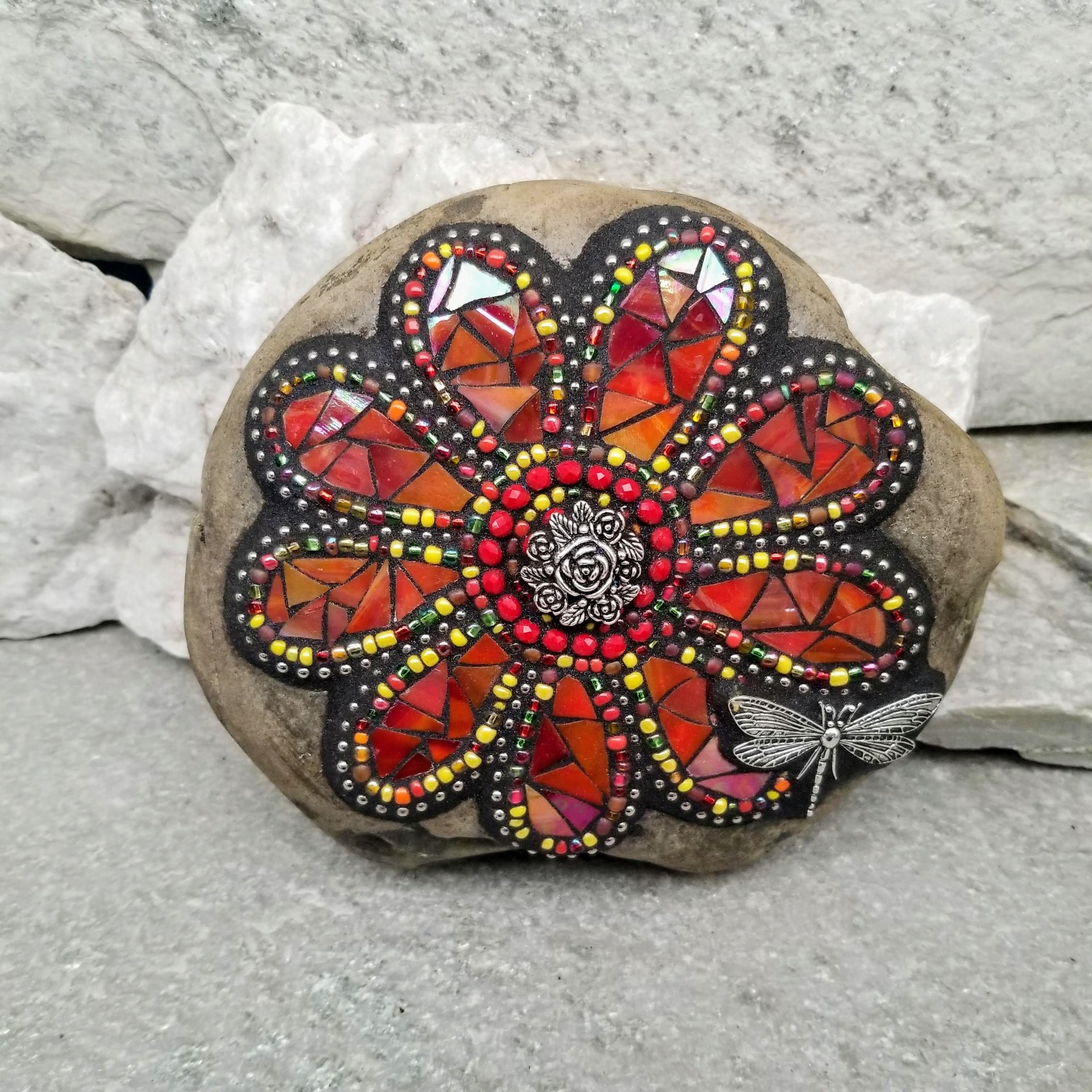 Orange Iridescent Flower, Dragonfly, Garden Stone, Mosaic, Garden Decor