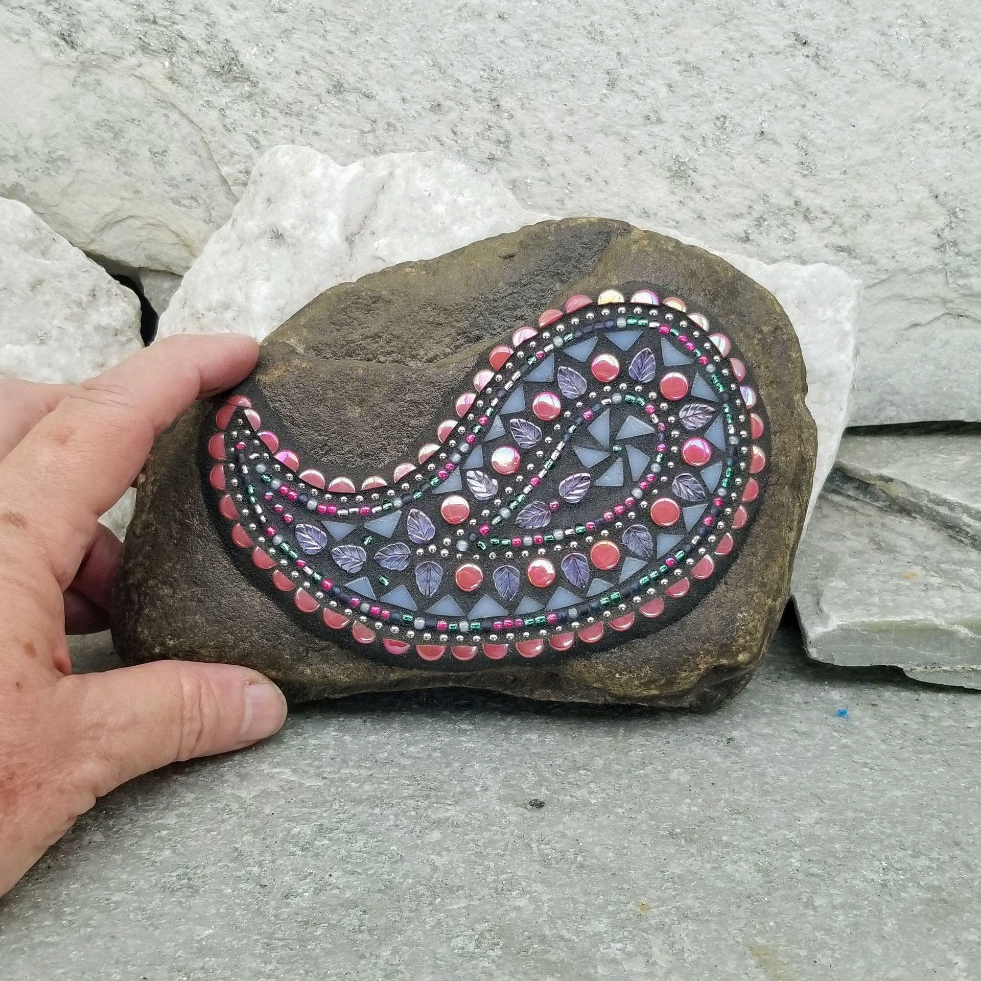 Paisley Iridescent Pink Mosaic, Mosaic Rock, Mosaic Garden Stone,