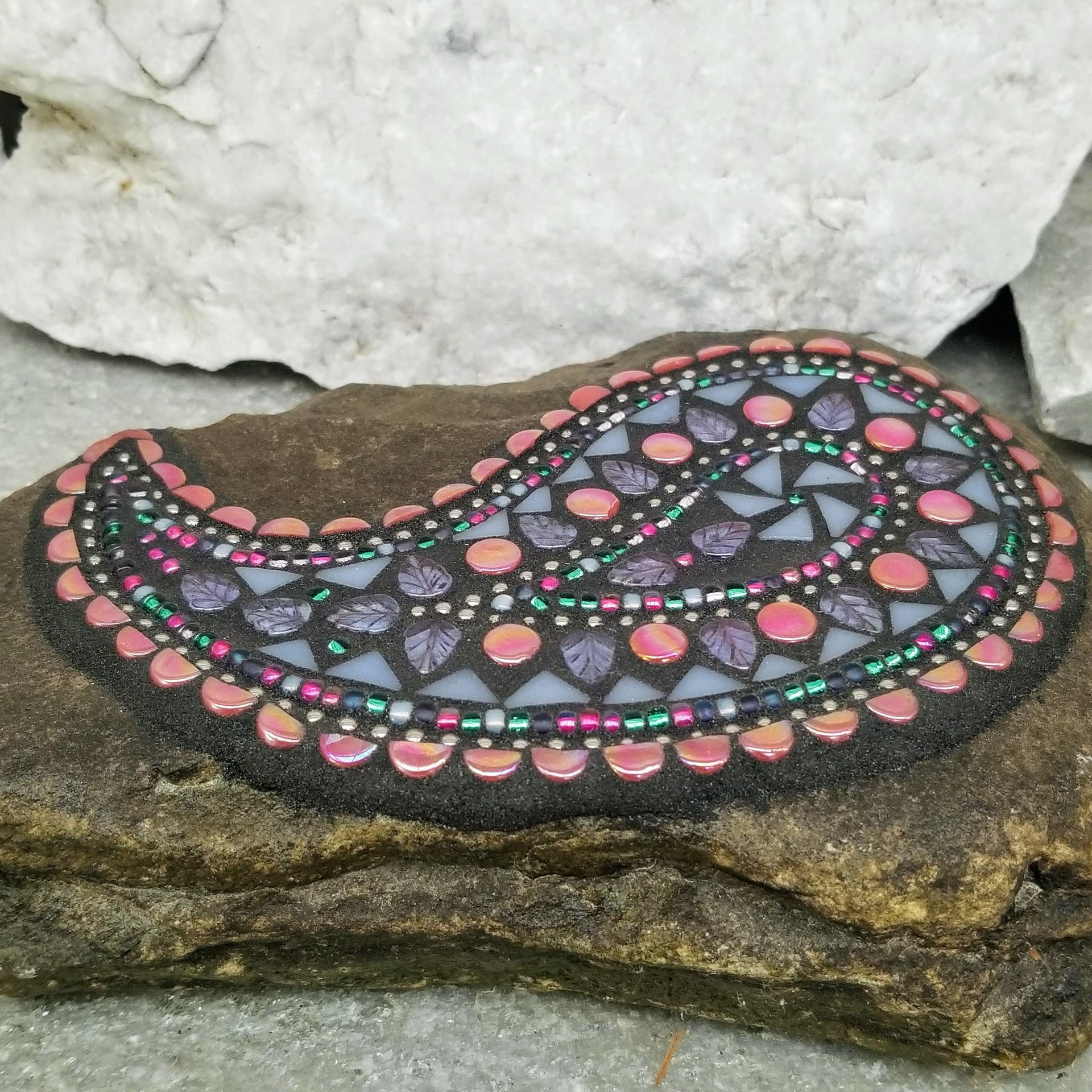 Paisley Iridescent Pink Mosaic, Mosaic Rock, Mosaic Garden Stone,