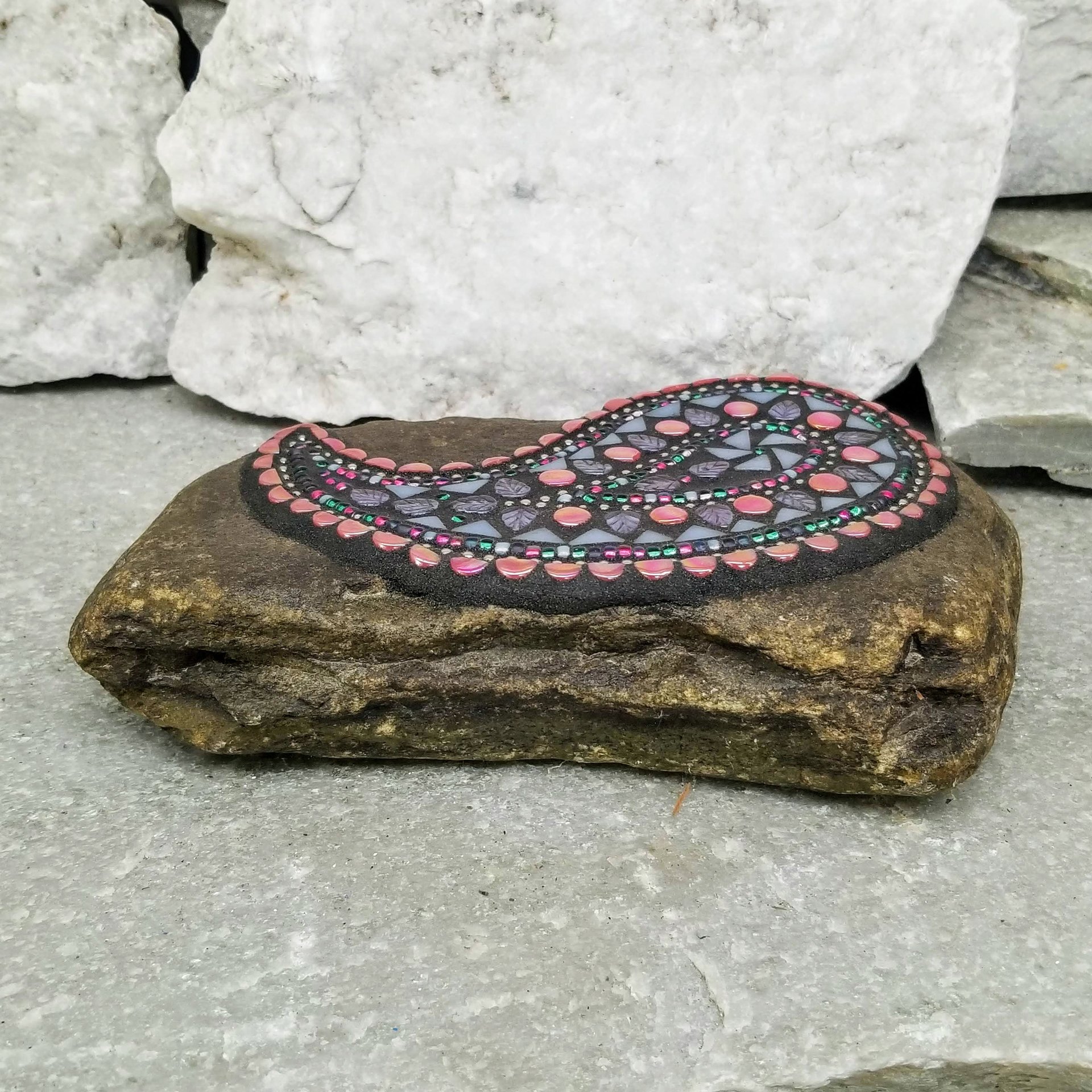 Paisley Iridescent Pink Mosaic, Mosaic Rock, Mosaic Garden Stone,