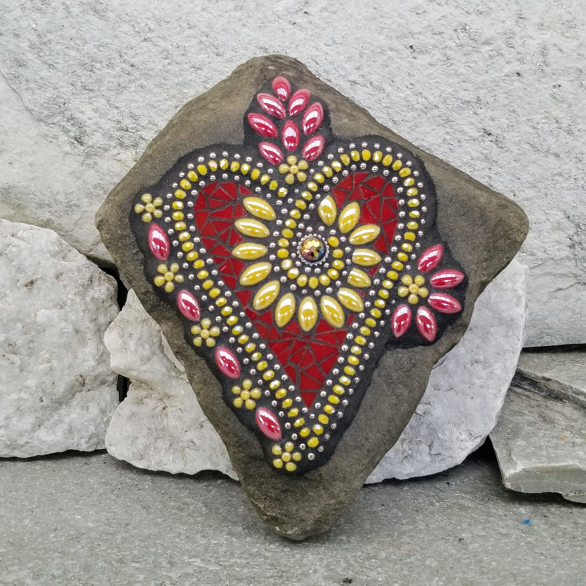 Red and Yellow Flower Mosaic Heart, Garden Stone, Garden Decor