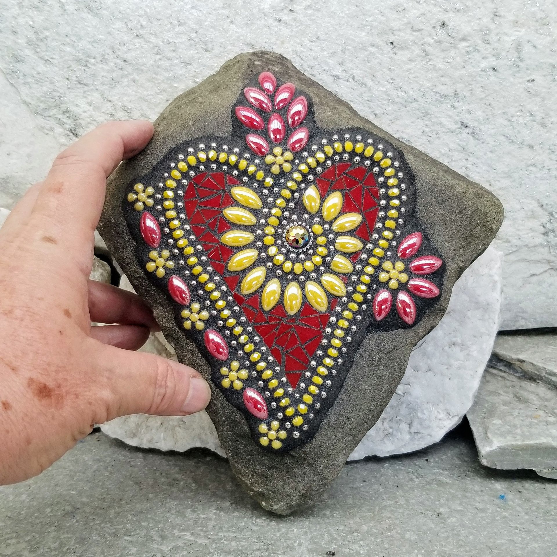 Red and Yellow Flower Mosaic Heart, Garden Stone, Garden Decor