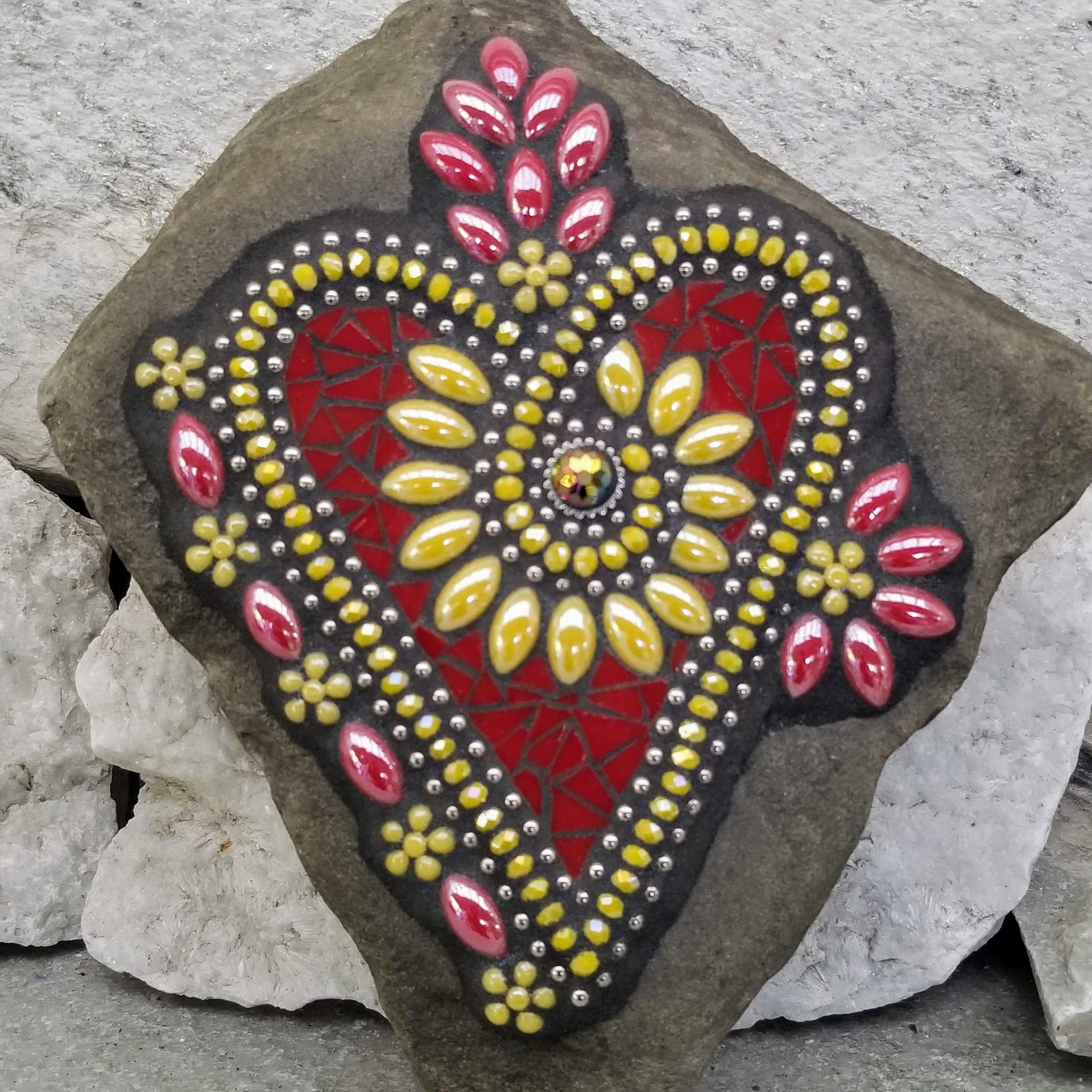 Red and Yellow Flower Mosaic Heart, Garden Stone, Garden Decor