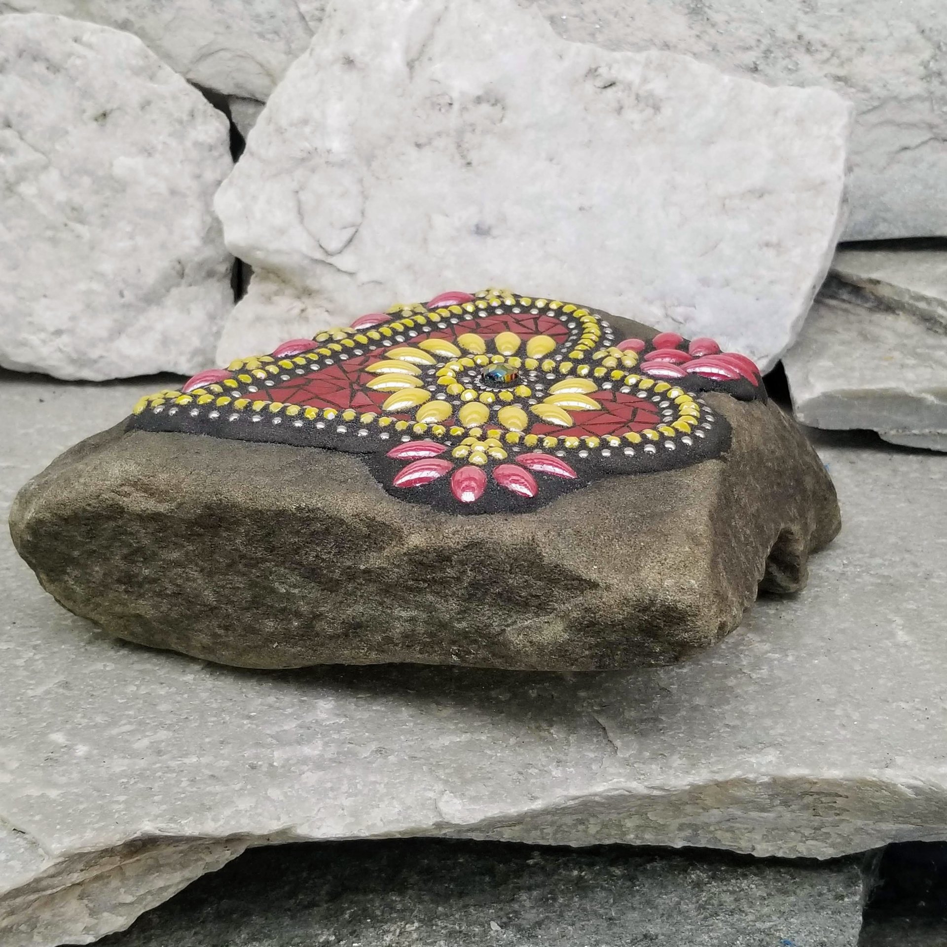 Red and Yellow Flower Mosaic Heart, Garden Stone, Garden Decor