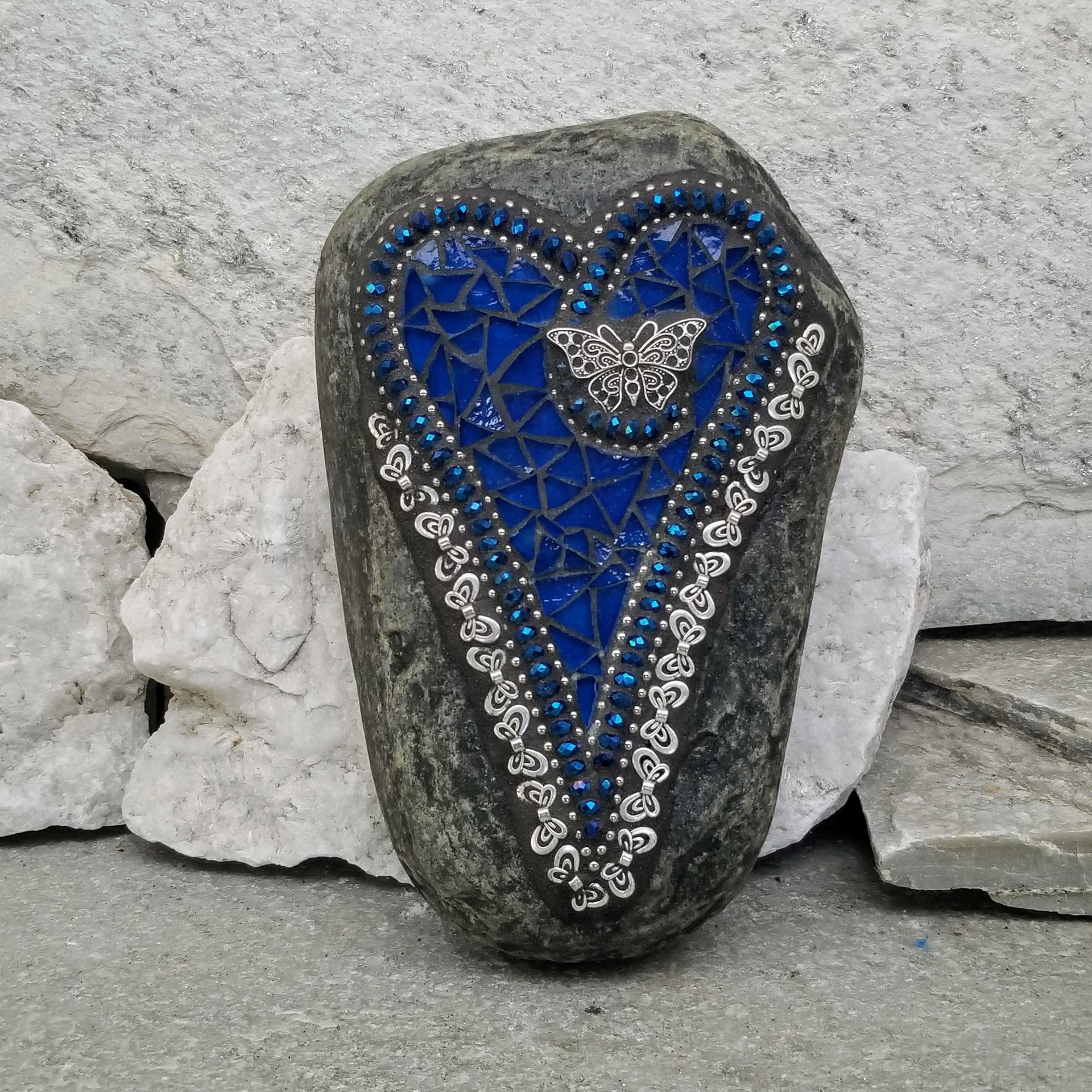 Cobalt Blue Heart with Butterflies, Garden Stone, Mosaic, Garden Decor