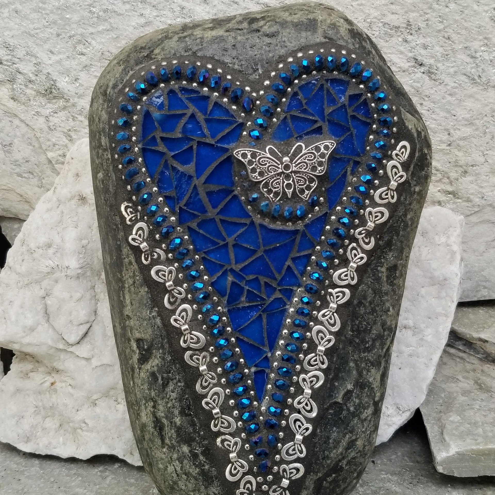 Cobalt Blue Heart with Butterflies, Garden Stone, Mosaic, Garden Decor