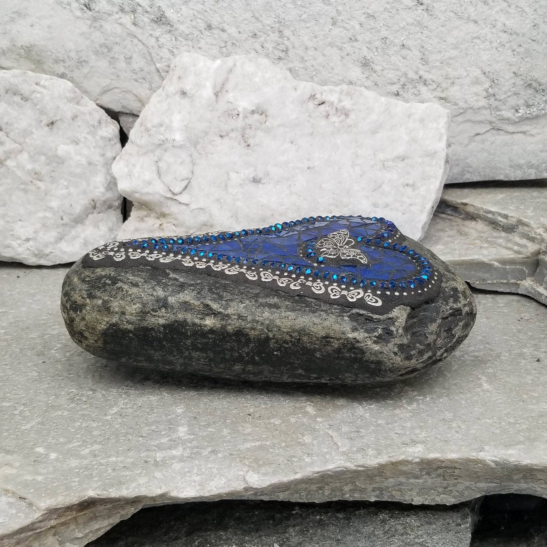 Cobalt Blue Heart with Butterflies, Garden Stone, Mosaic, Garden Decor