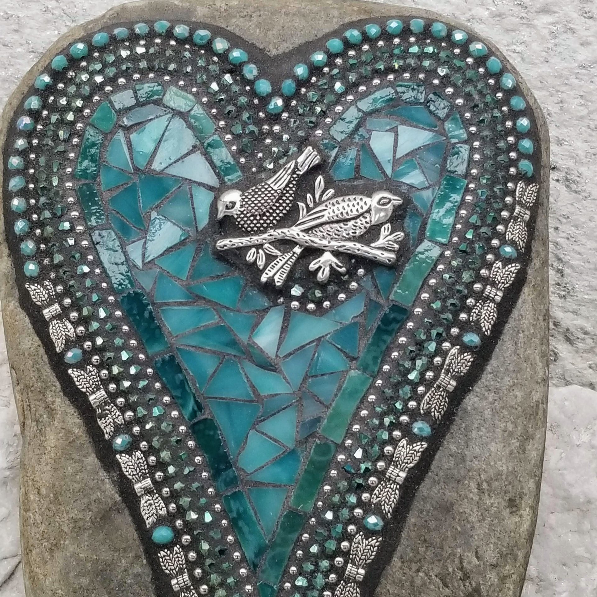 Teal Blue Heart with Birds and Dragonfly Wings, Garden Stone, Mosaic, Garden Decor