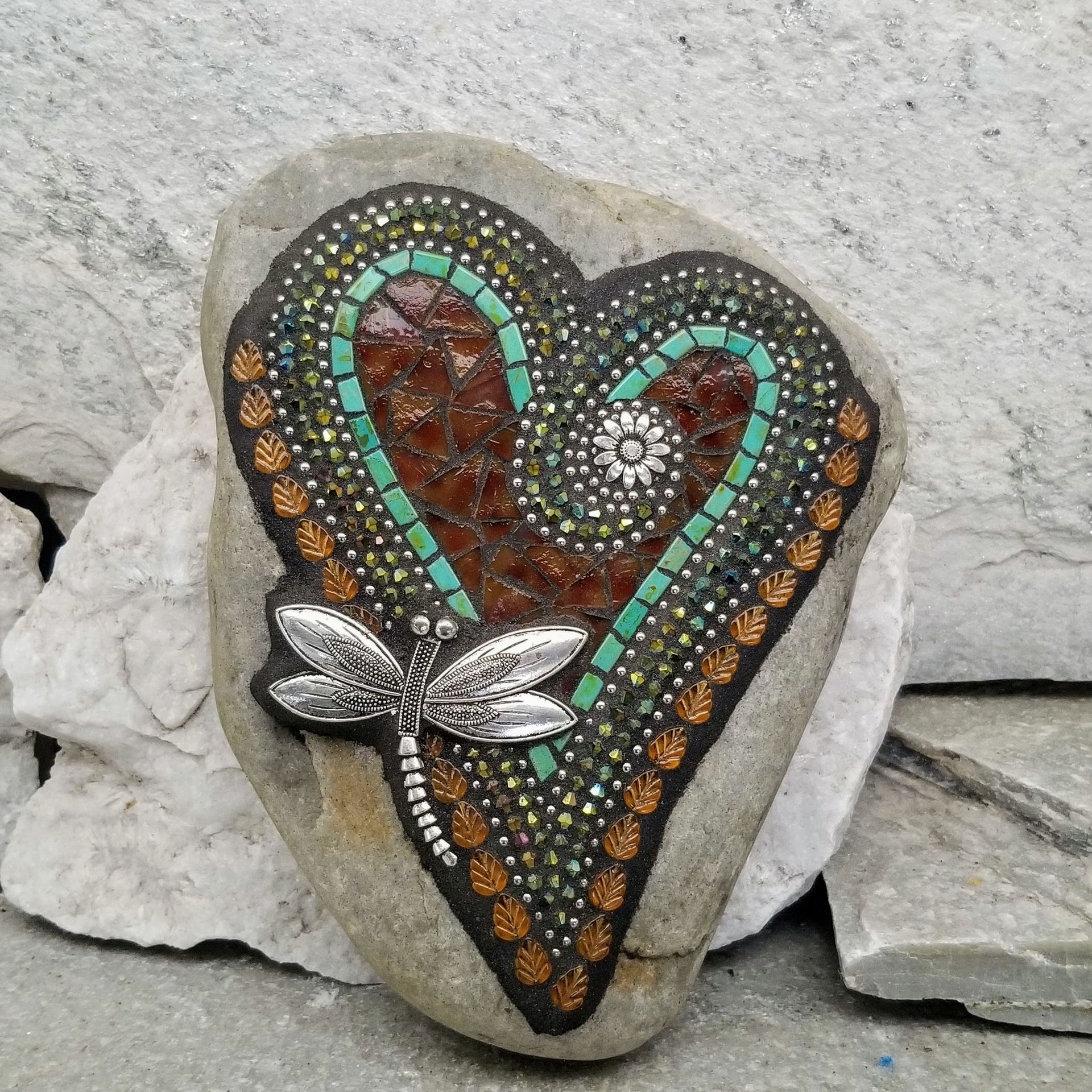 Dark Amber Heart with Dragonfly, Garden Stone, Mosaic, Garden Decor