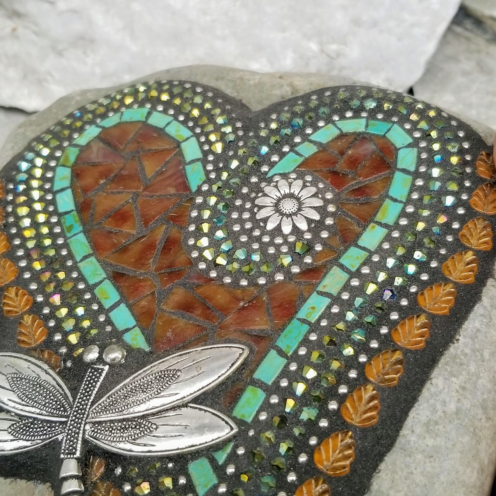 Dark Amber Heart with Dragonfly, Garden Stone, Mosaic, Garden Decor