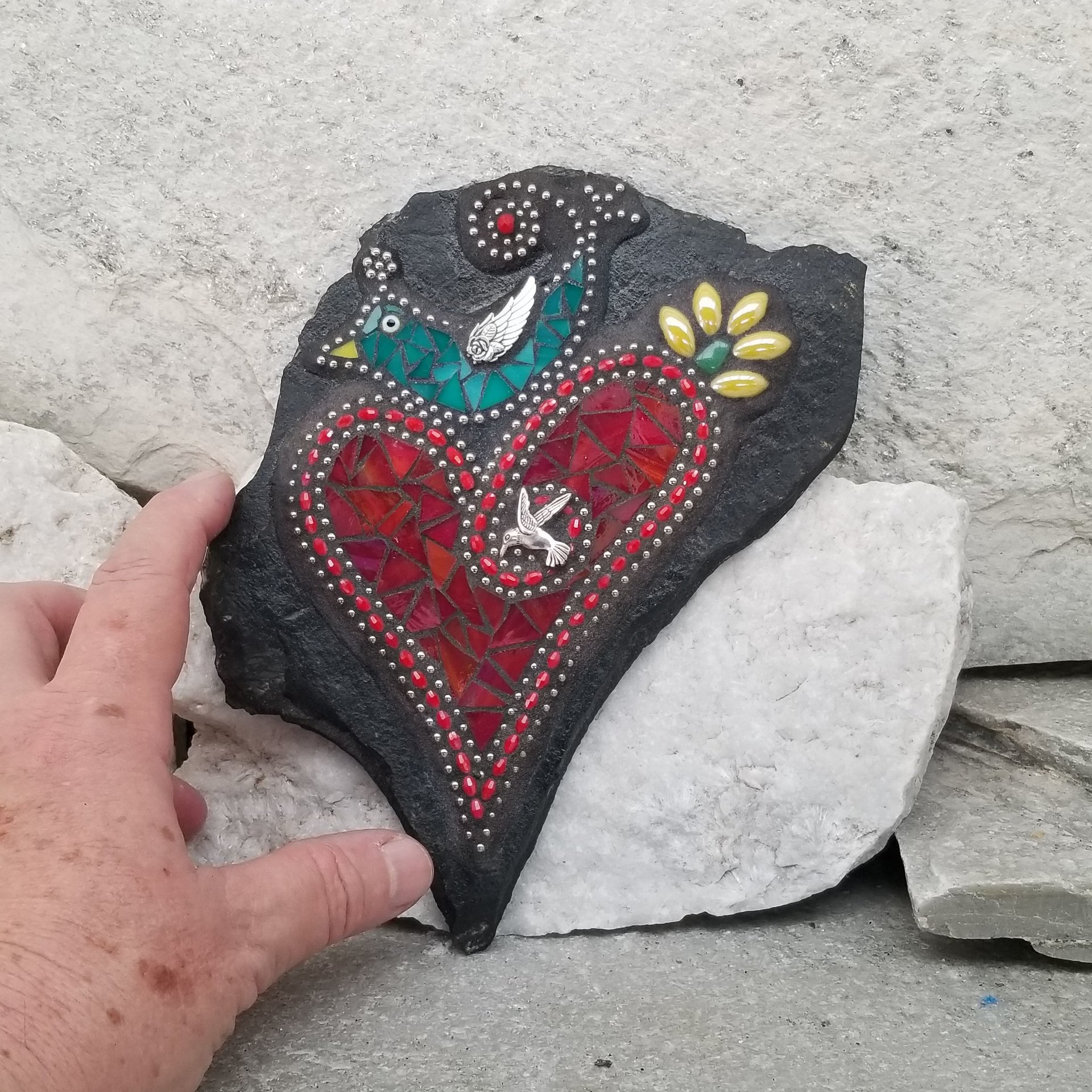 Blue Bird on a Red Heart, Wall Hanging Slate, Mosaic Garden Stone, Porch Decor, Wall Decor