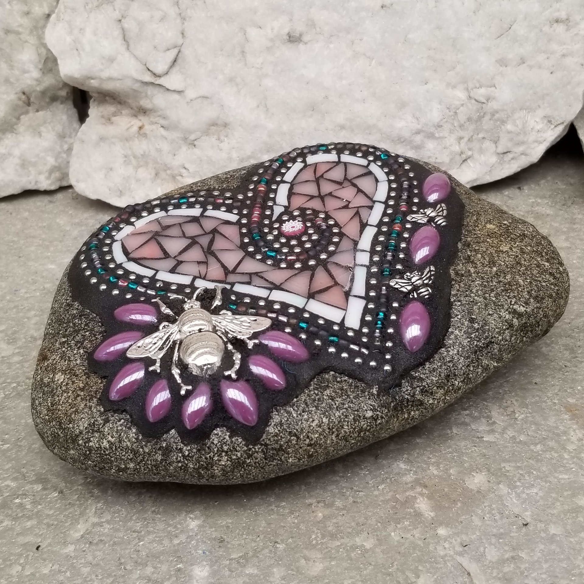 Pink Bee Heart, Mosaic Paperweight / Garden Stone